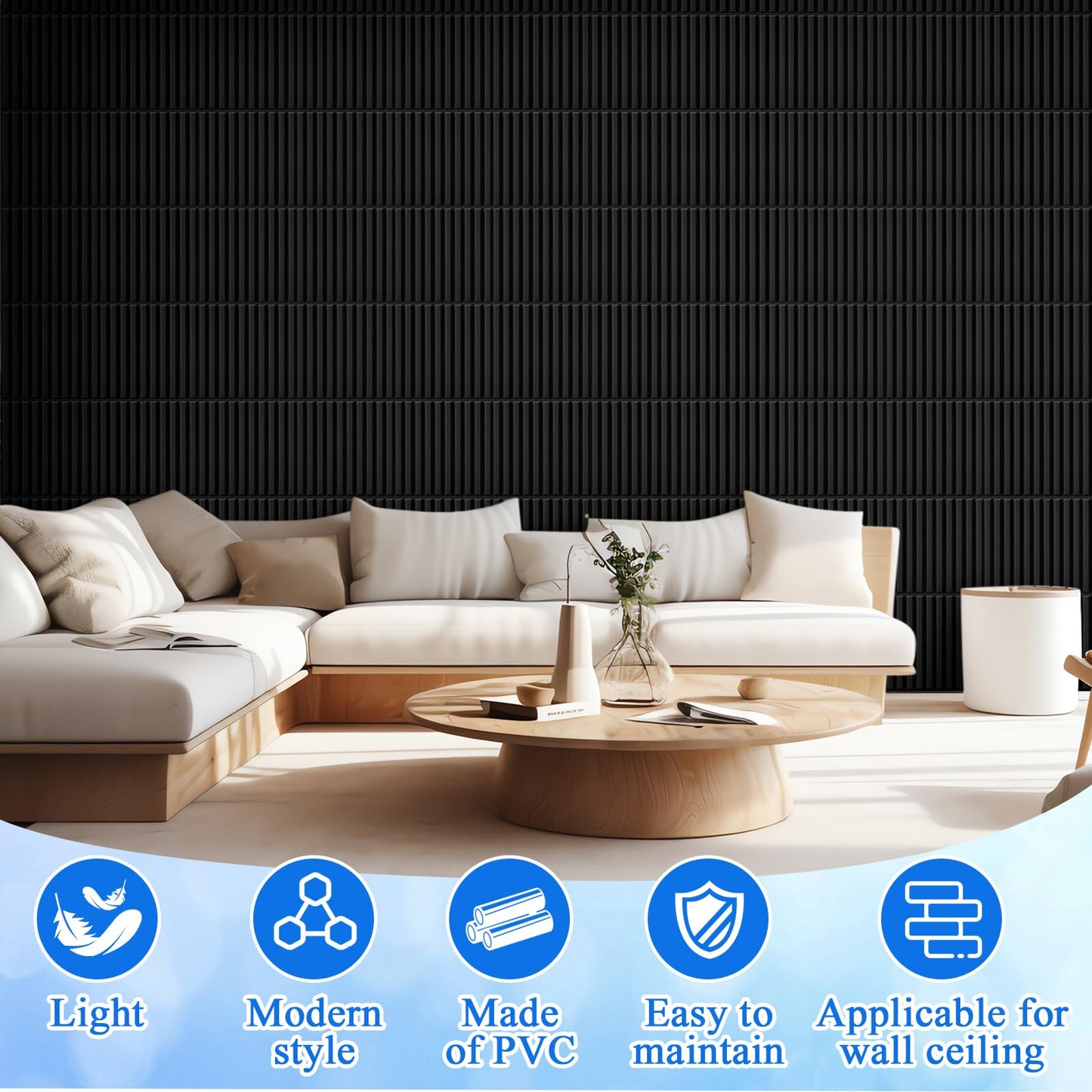 Nuanchu 32 Pcs 3D Slat Wall Panels, 12"x12" PVC Fluted Wall Paneling for Interior Decor, Paintable Waterproof Textured Tiles for Living Room TV Background Gaming Room, 32 Sq. ft Coverage (Black)