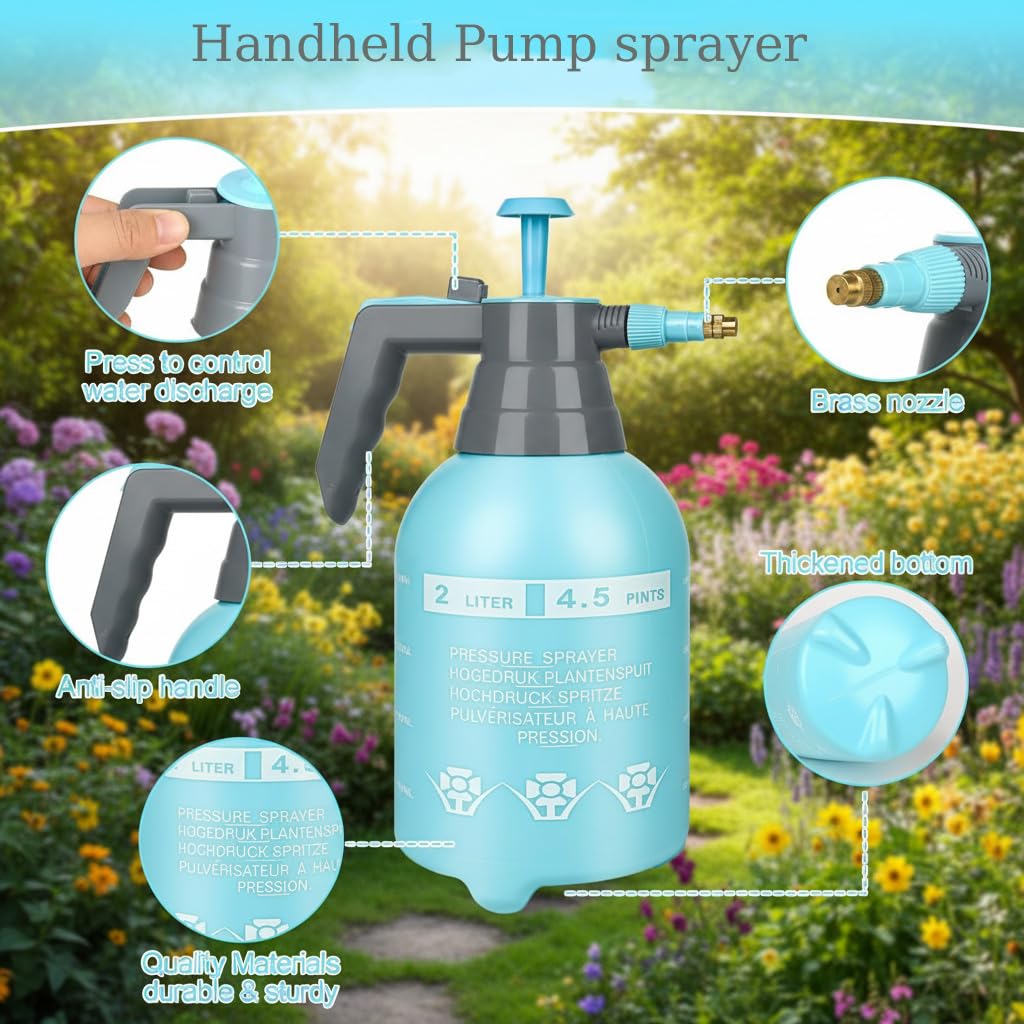 3 Pcs 1/2 Gallon Pump Sprayer Plastic, Handheld Pressure Sprayer, Garden Pump Sprayer Bottle with Adjustable Nozzle for Plants, Cleaning, Household Tasks, (Blue)