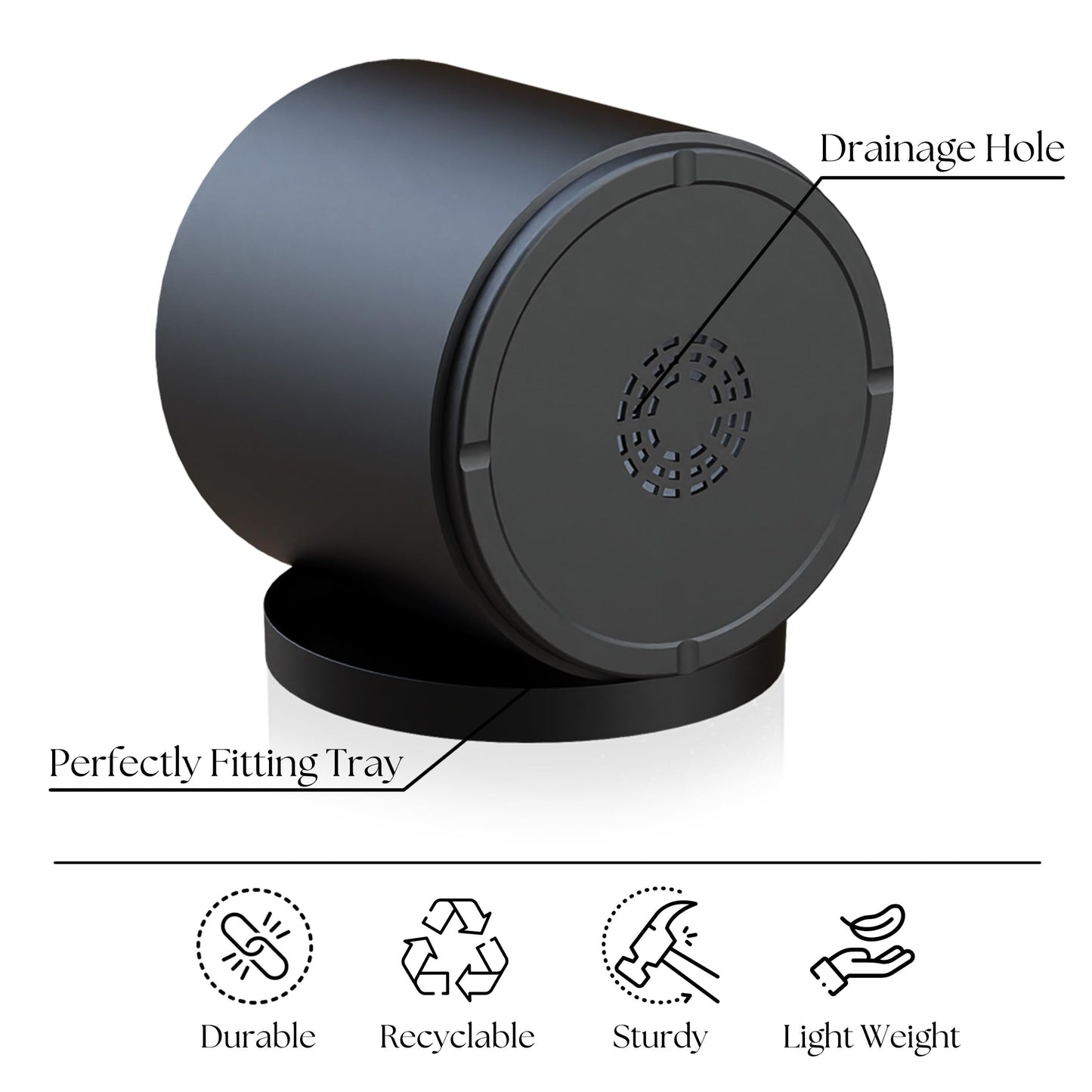 Giraffe Creation 12-Inch Round Cylinder Plant Pot, Modern Indoor/Outdoor Planter with Drainage Hole, Saucer & Water Reservoir, Black