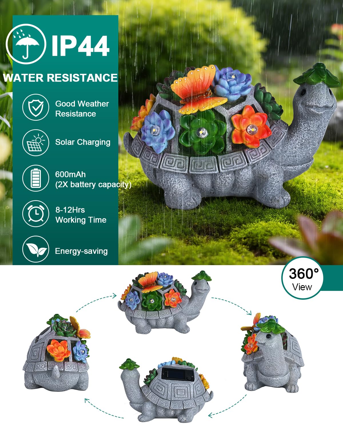 VMANYFIRE Solar Turtle Garden Statue with Butterfly, Succulent & LED Lights, Lawn Ornament for Yard Patio Porch Balcony, Outdoor Decor Figurine - Gifts for Mom Grandma Women