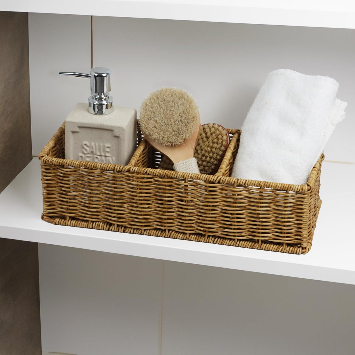Waterproof Wicker Basket With 3 Compartments, Hand Woven Bathroom Counter Organizer, Small Storage Basket for Toilet Paper Storage, Countertop Shelf Toilet Tank (Light Brown)