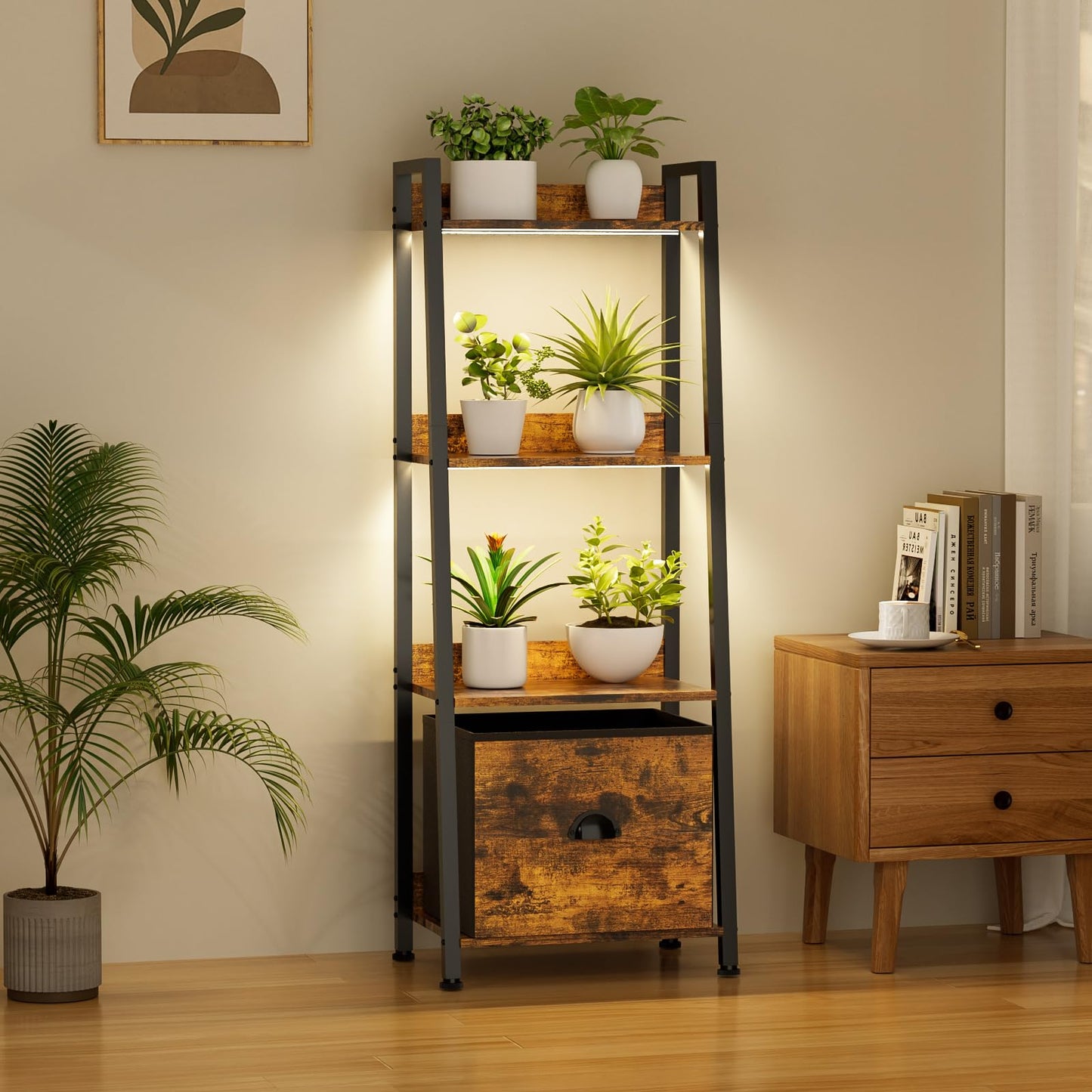 Plant Stand Indoor with Grow Lights, 4 Tiered Indoor Plant Shelf with Drawer, 48" Tall Corner Plant Stands for Indoor Plants, Metal Flower Display Shelves, Sturdy Ladder Plant Rack for Home, Patio