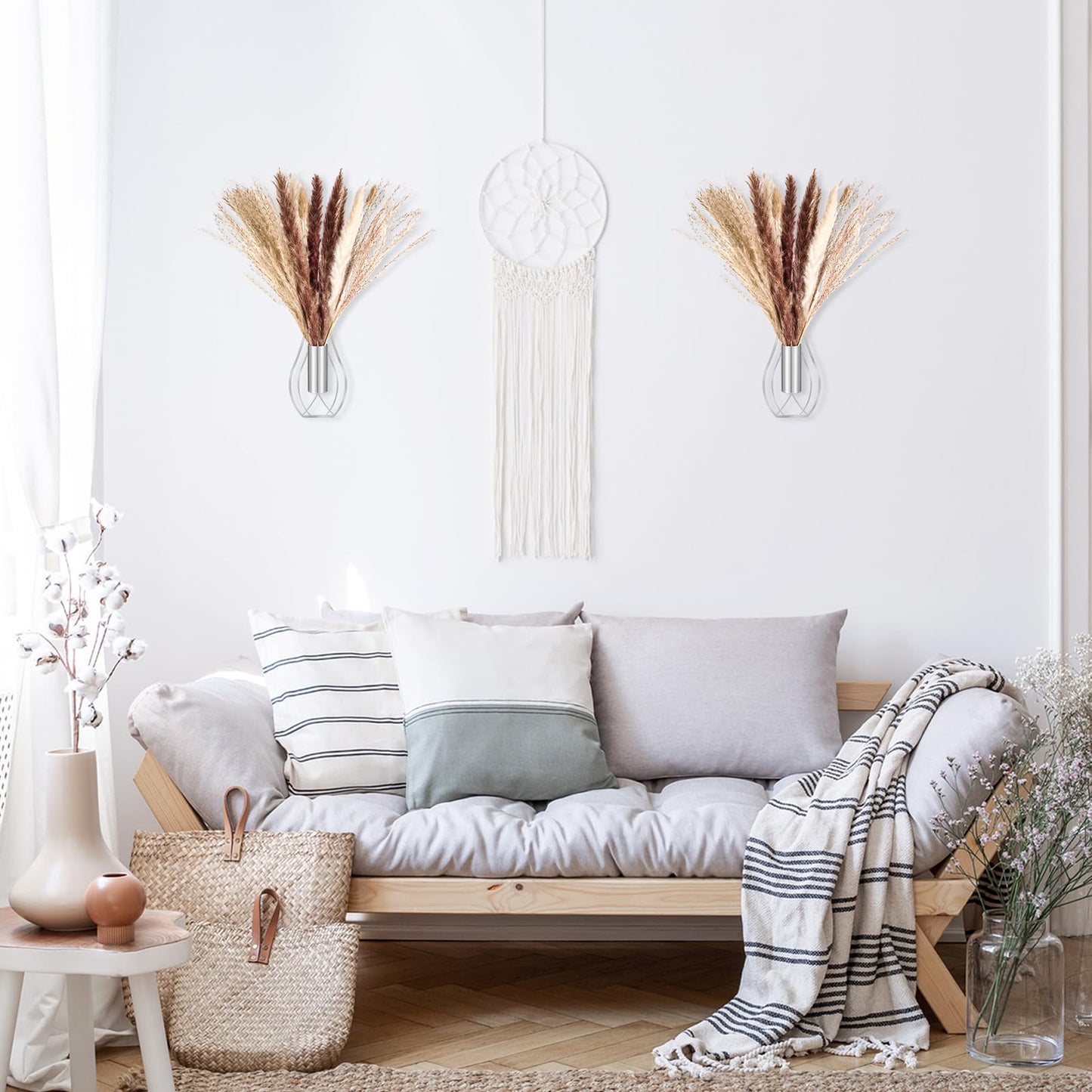 Otoolling Boho Wall Decor Set of 2 – Metal Hanging Wall Art with Faux Pampas or Eucalyptus,Minimalist Bohemian Accent for Living Room, Bedroom, Entryway(Silver,Pampas)