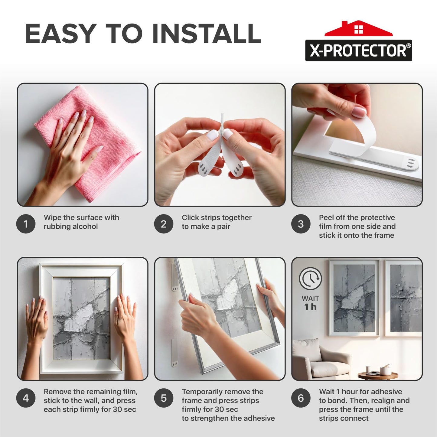 X-Protector Picture Hanging Strips - 20 Pairs Damage Free Picture Hangers - Self Adhesive Hangers Without Nails - Heavy Duty Wall Hanging Strips - Wall Sticky for Hanging Up to 20 LBS (Size L)