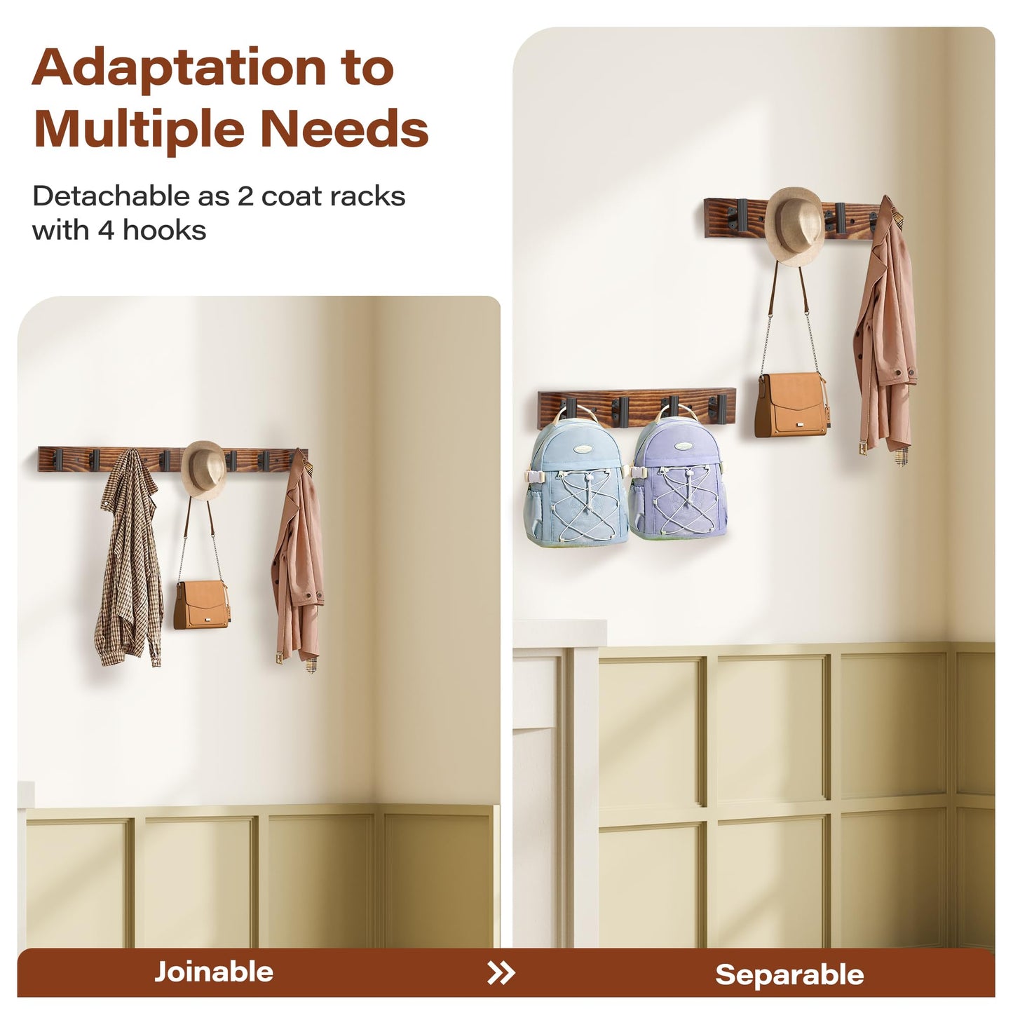 Orapoke Coat Rack Wall Mount 2 Pack with 8 Pre-Installed Metal Hooks, Rustic Pine Solid Wood Coat Hanger Wall Mount for Entryway & Living Room, Coat Hooks for Hanging Jacket, Hat, Backpack (32.3")