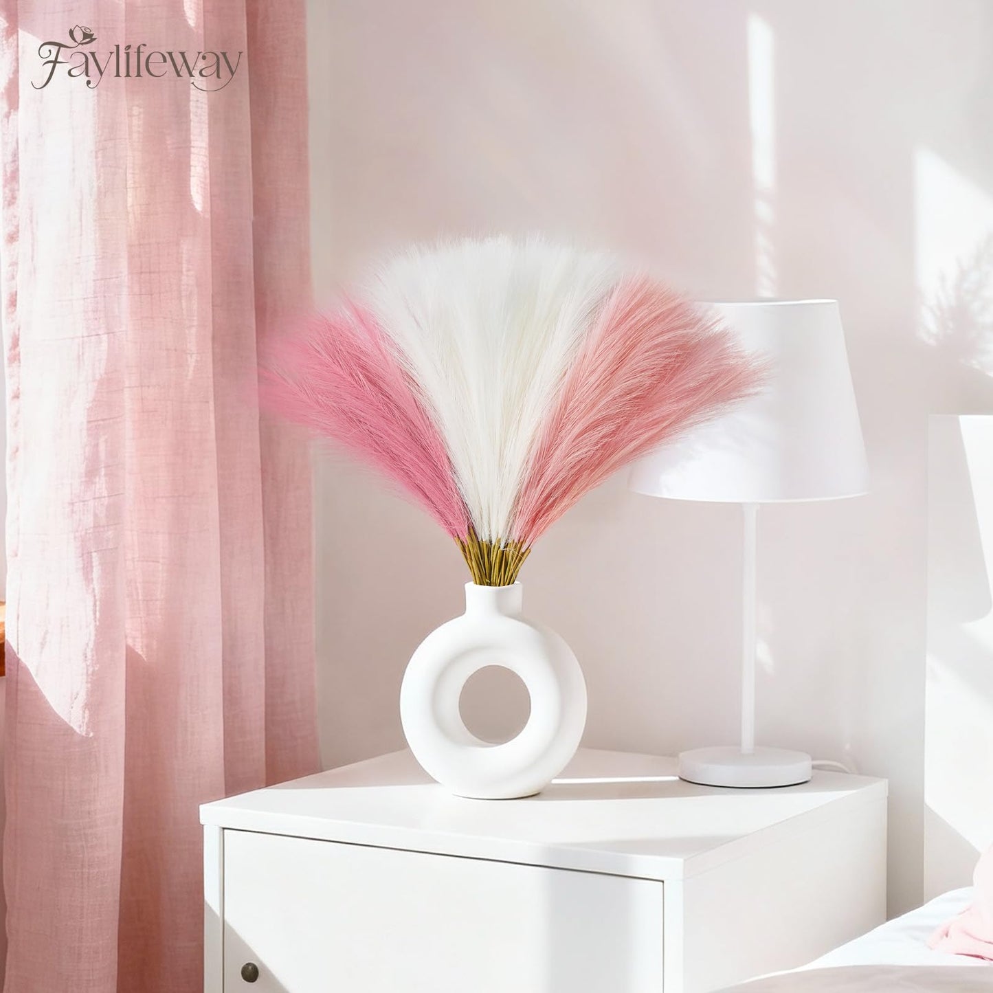 Faylifeway 50pcs Pampas Grass 17in for Living Room Decor, Blush Pink Pampas Grass Decor, Fluffy Pink Flowers for Home Birthday Bathroom Baby Shower Wall Bow Decor(Blush & Cream & Pink)