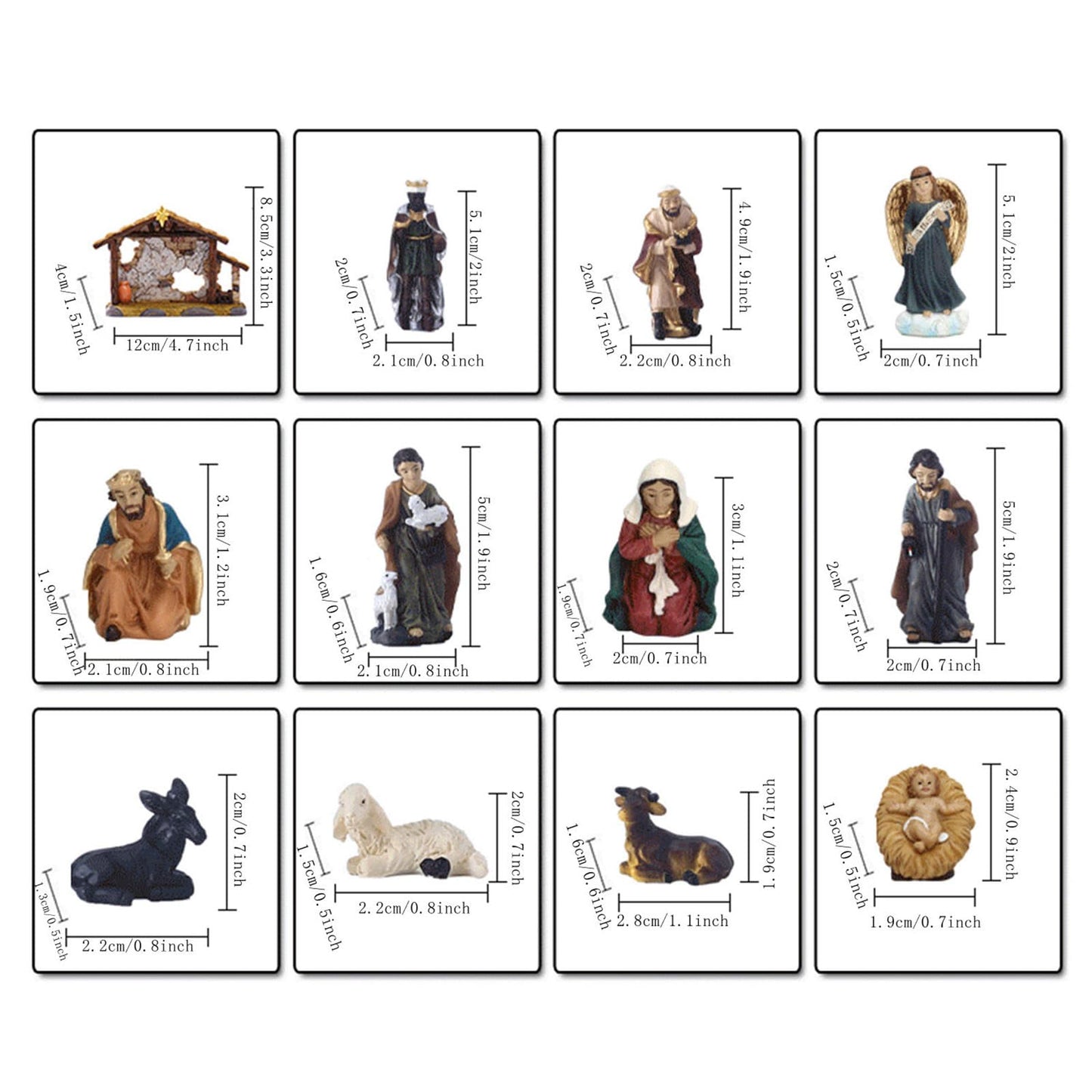 QZLUJIANG Traditional Christmas Nativity Scene Set with Stable, 12 Piece Resin Figurine Collection, Holiday Religious Decor (3.3inch)