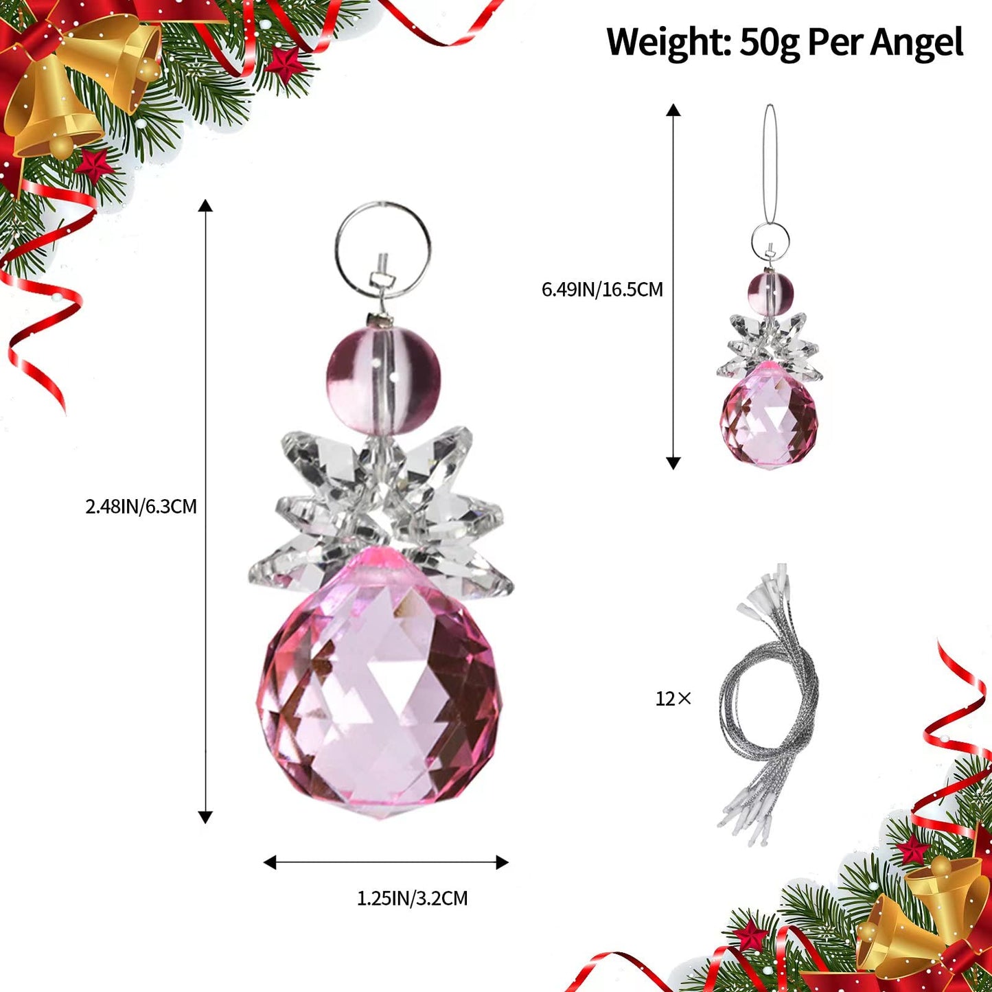 Wongblee 12 Pcs Glass Angel Hanging Ornaments, Multicolor Angels Suncatcher, Crystal Glass Angel Figurines