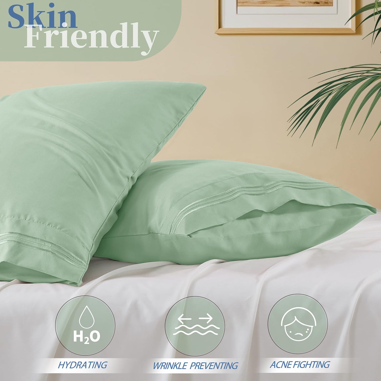 Vonty 2 Pack Standard Pillow Cases - 20x26 Inch, 1800 Thread Count Microfiber Pillowcases Standard Size Sage Green Pillow Cases Luxury & Soft Embroidered Bed Pillow Covers with Envelope Closure