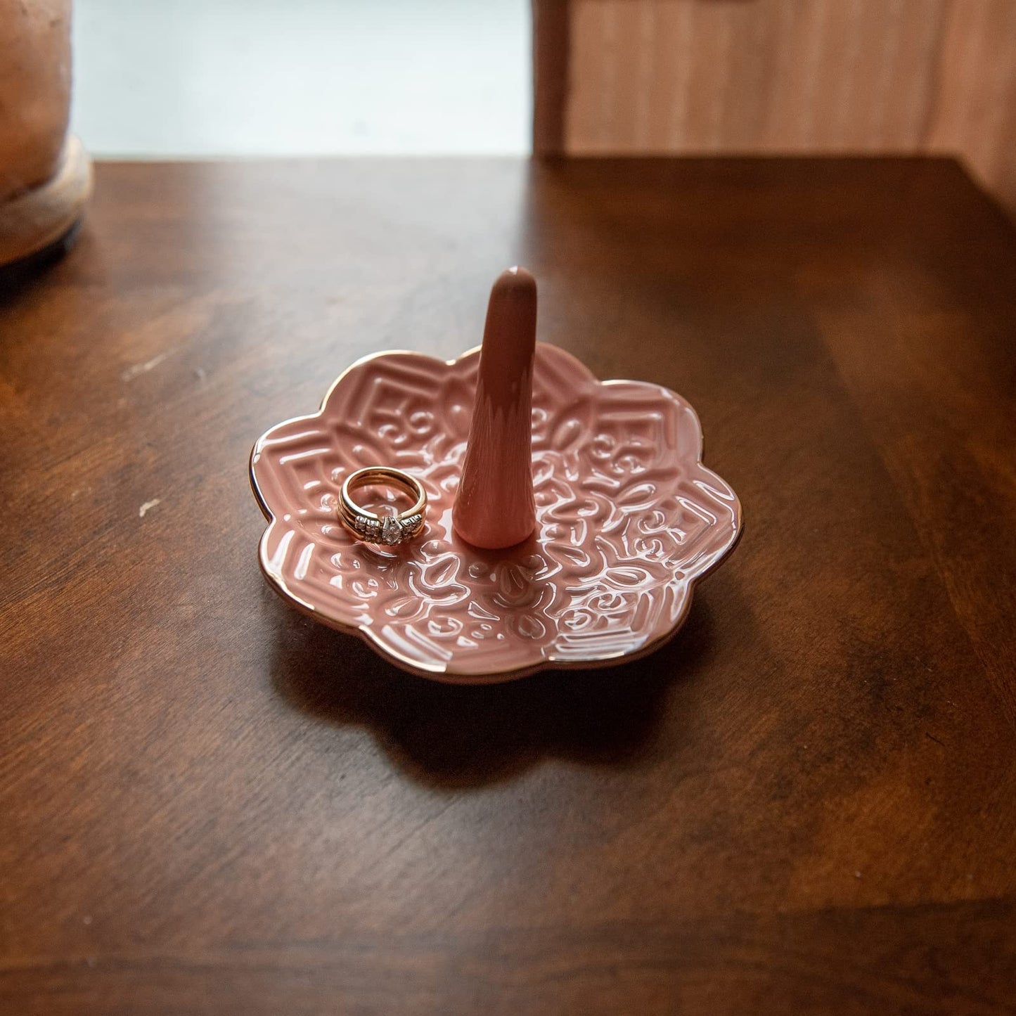 RUIMIC Ceramic Pink Mandala Jewelry Holder Decorative Ring Holder/Trinket Tray Valentine's Day Engagement Wedding Birthday Gifts for Women Her