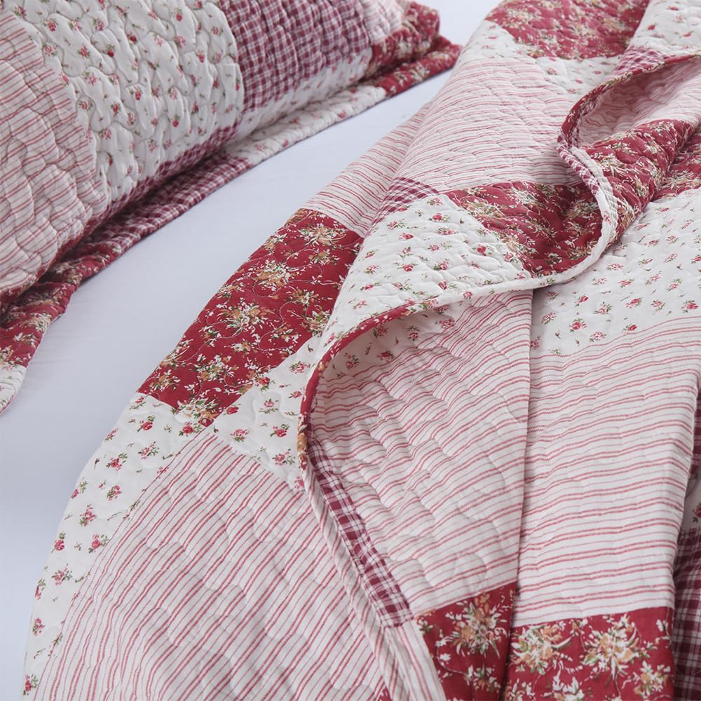 ENASAL Cotton Bedspread Quilt Bedding Sets Reversible Coverlet Sets Comforters Plaid Floral Red White Patchwork Pattern Bedspread for All Season, Queen Size
