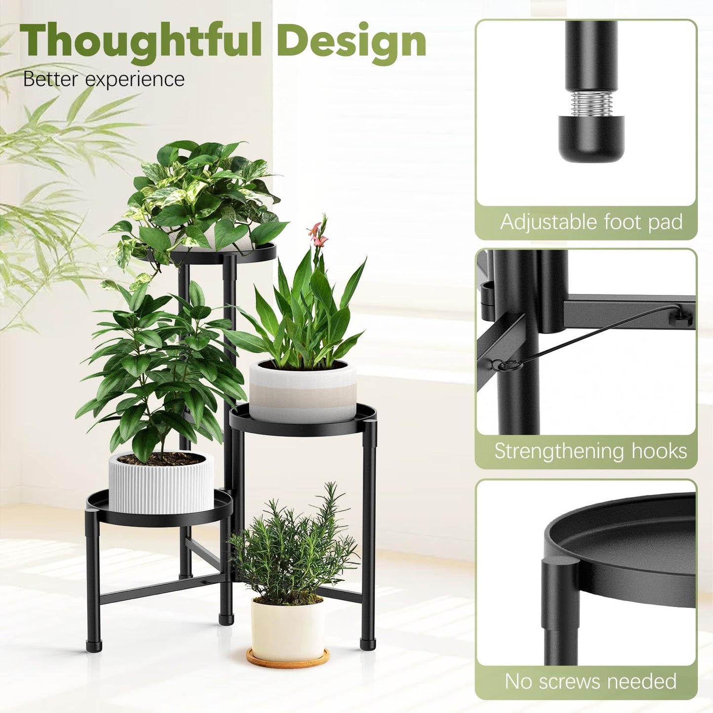 JOPBENG 3 Tier Corner Plant Stand Indoor Outdoor, Metal Plant Shelf with 10 Inch Wide Tray,Flower Pot Display Holder Iron Rack Organizer Stand for Living Room Office Garden Patio Balcony Black
