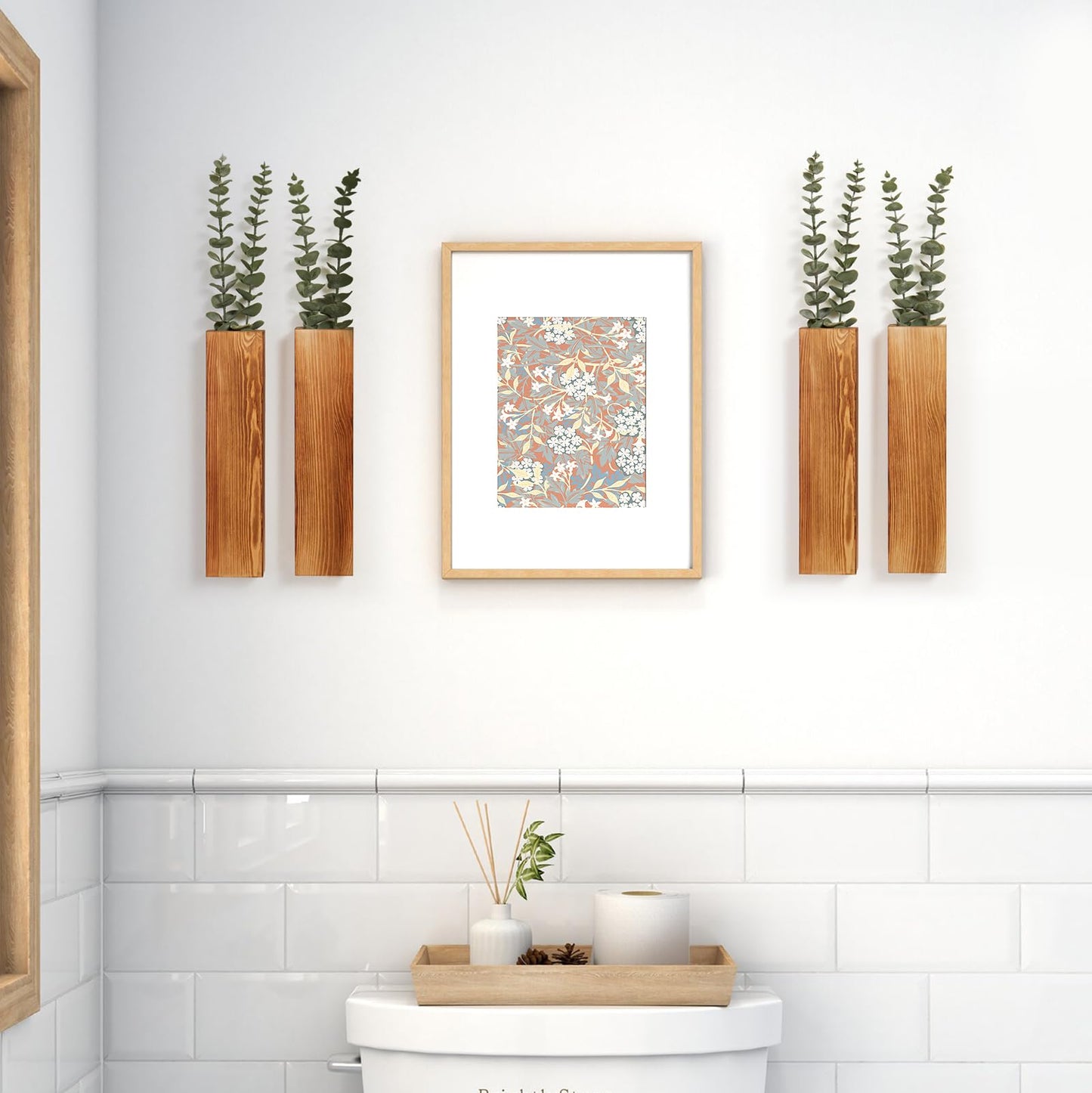 Mokof 4-Pack Wood Wall Planters with 8 Removable Faux Eucalyptus Stems - Modern Farmhouse Wall Decor for Living Room, Bedroom, Bathroom - Wooden Wall Vases and Fake Eucalyptus for Home Office Decor