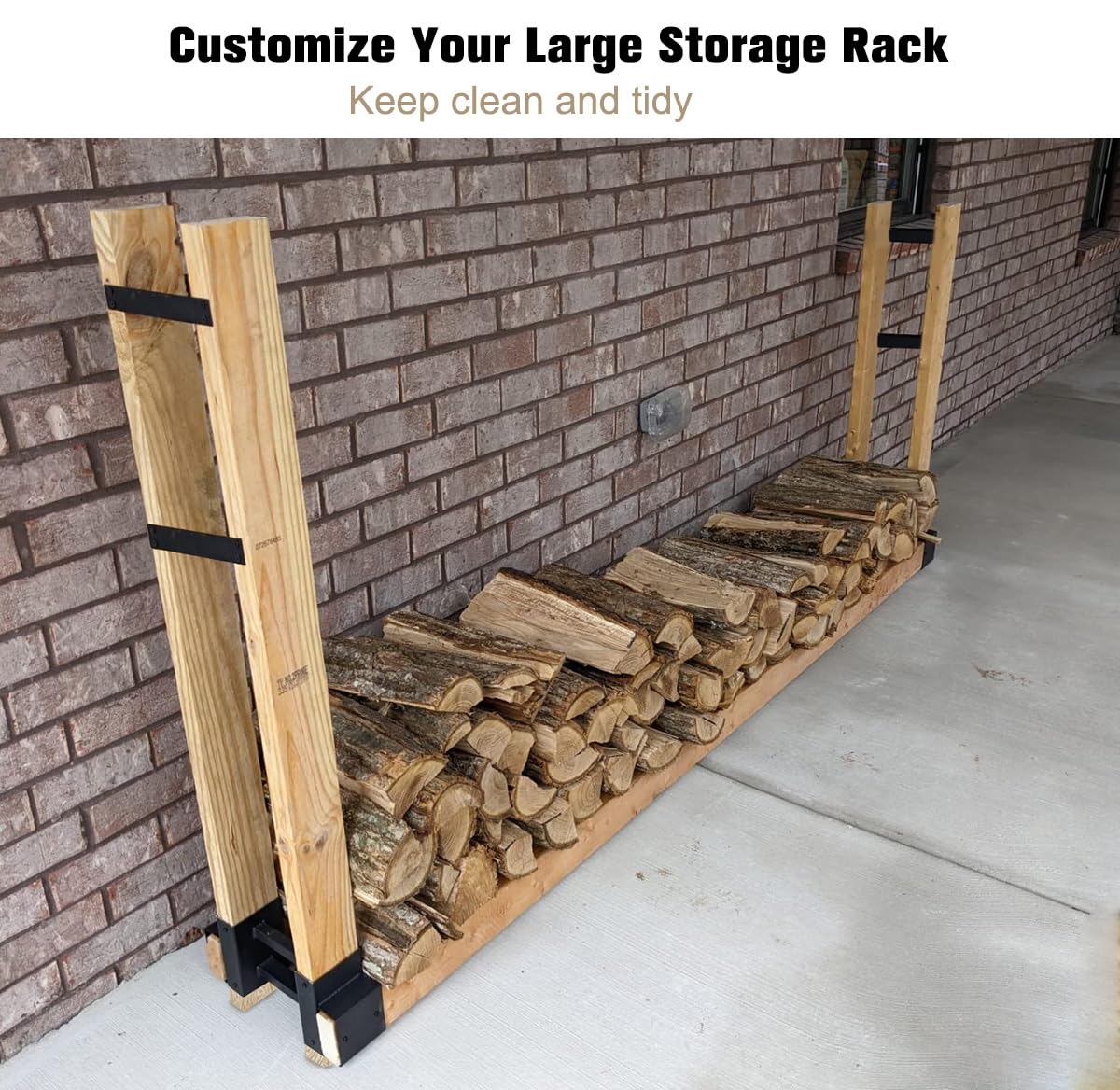 Fiwithy Outdoor Firewood Rack Bracket Kit with 4 Support Bars for Fire Wood Pile Storage, Heavy Duty DIY Fireplace Log Stacking Stand Holder for 2x4 lumber, Black, 1 Pair