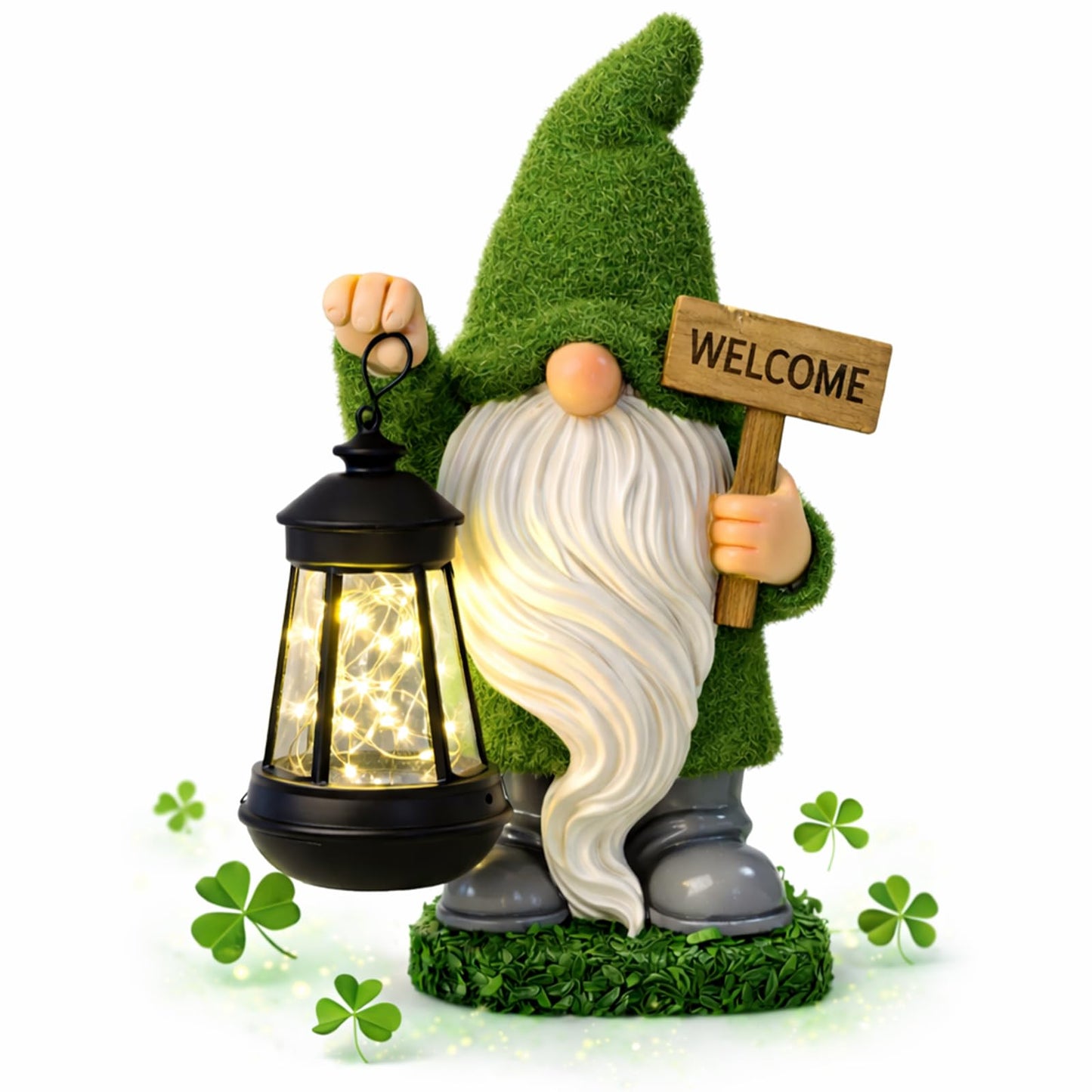halp·ssfm St Patrick’s Day Green Garden Gnome Statue with Solar Lantern Welcome Sign Outdoor Decor for Porch Lawn Patio Yard Holiday Decorations Housewarming Gifts for Women