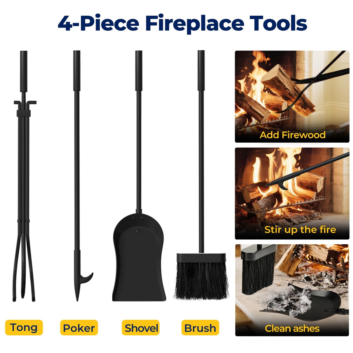 AMAGABELI GARDEN & HOME Firewood Rack Indoor with Tools 5-Piece Fireplace Tools Set Wood Holder Outdoor Wrought Iron Log Holder Firewood Storage Rack for Fireplace,Fire Pit,Wood Stove Black