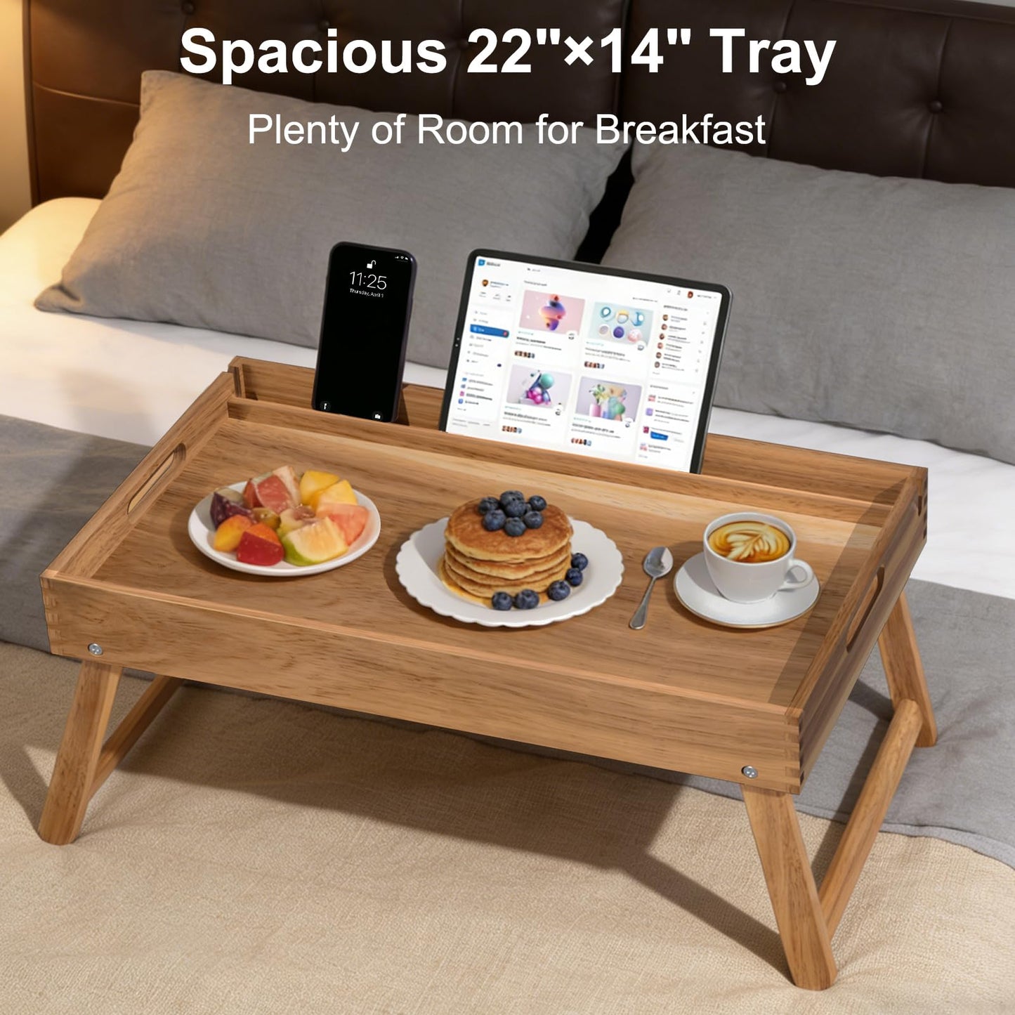 22"x14" Acacia Wood Folding Bed Tray Table, Extra Large Breakfast in Bed Tray with Raised 7.9" Leg Space, Foldable Legs, Tablet & Phone Slots, Cable Grooves, Food Tray for Bed