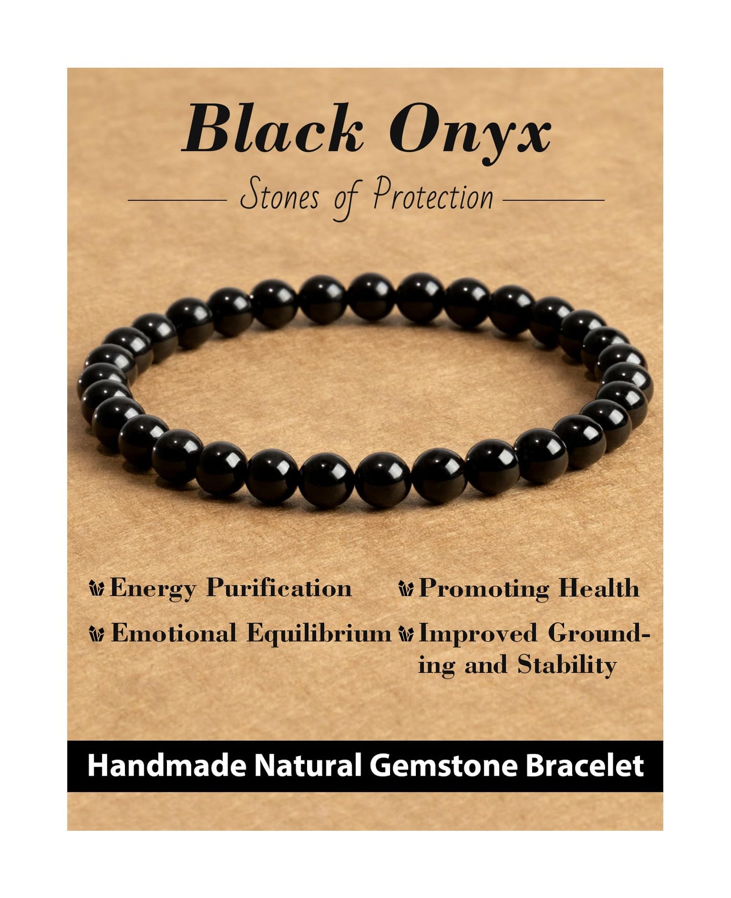Landorilo Beaded Bracelet for Men Women, 6mm Natural Stone Black Onyx Healing Crystal Stretch Bracelets, Ideal Christmas Birthday Jewelry Gifts with Energy Card，Replacement Beads Included