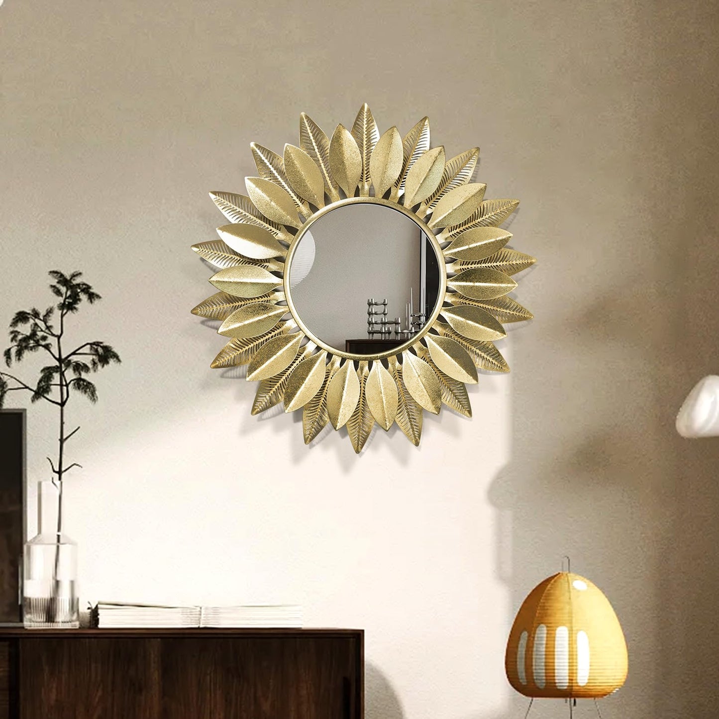 HEBOIX 24" Gold Sunburst Decorative Wall Mirror – Handmade Flower Design, Luxury Round Accent Mirror Boho Wall Decor for Bedroom,Entryway, Dining Room & Kitchen