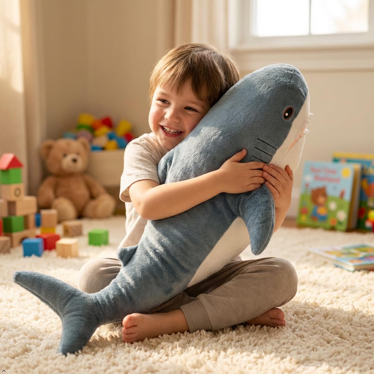 DongAi Plush Shark Toy Pillow, 31.4-inch Giant Shark Plush Animal Toy Super Soft and Cute Pillow Children’s Boys and Girls Room Decoration Bedtime Gift (80CM,Blue)