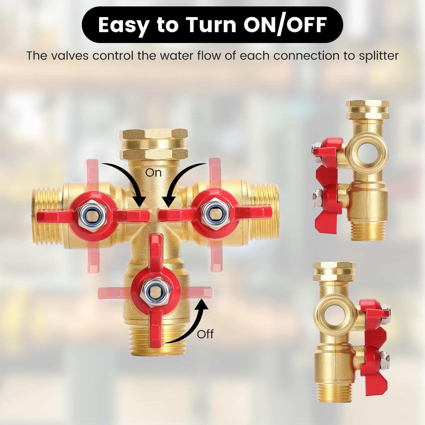 Garden Hose Splitter 3 Way, Heavy Duty 3-Way Brass Valve Garden Hose Splitter With Stainless Steel Long Handle, Full Flow Hose Splitter Connector, Valve 3/4 Inch GHT Thread