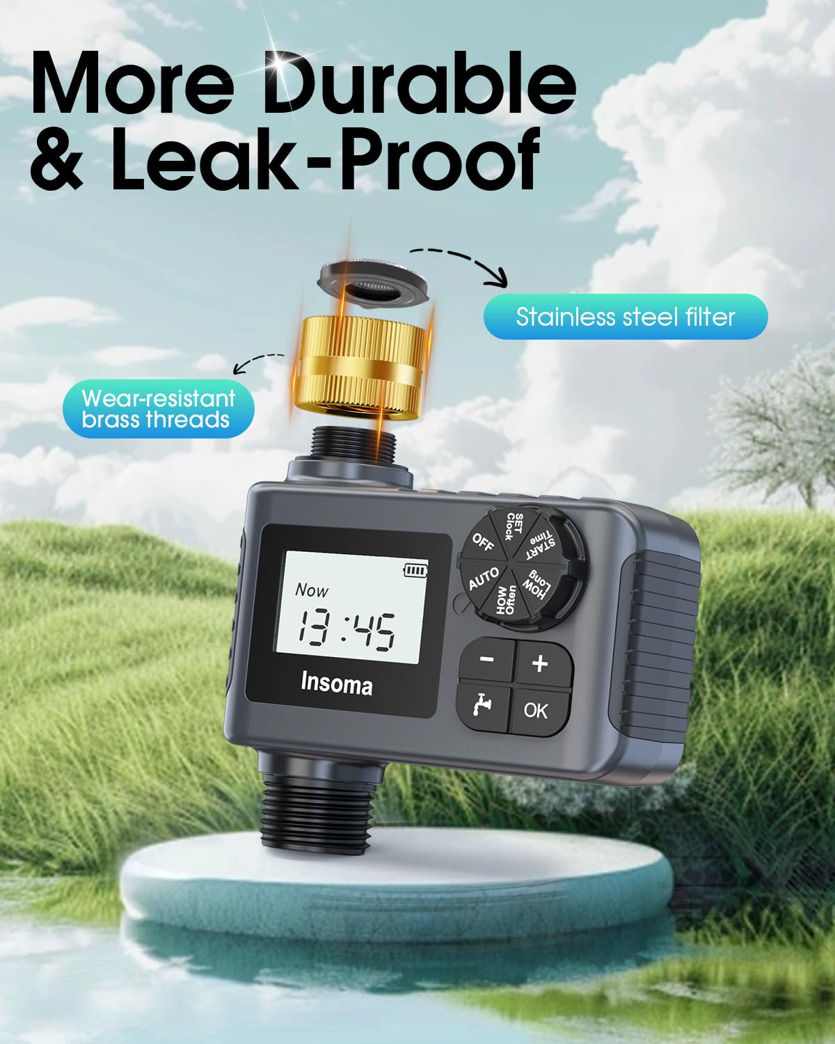 Water Timer with Brass Inlet & Outlet for Outdoor Garden Hose, Hose Timer with Rain Delay/Manual Mode, Automatic Drip Irrigation Controller System for Lawn Yard Garden Watering