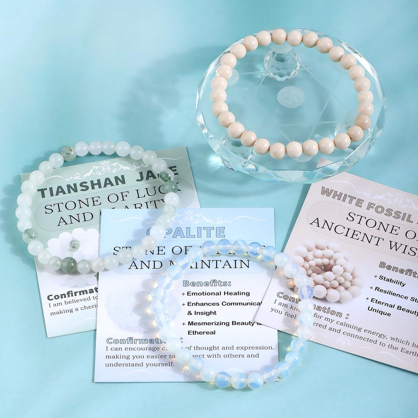 NCB 3-Piece 6mm Natural Crystal Gemstone Stretch Bracelets – ﻿Opalite, Tianshan Jade, White Fossil Jasper Handmade Reiki Energy Healing Jewelry for Meditation,Yoga, Unisex