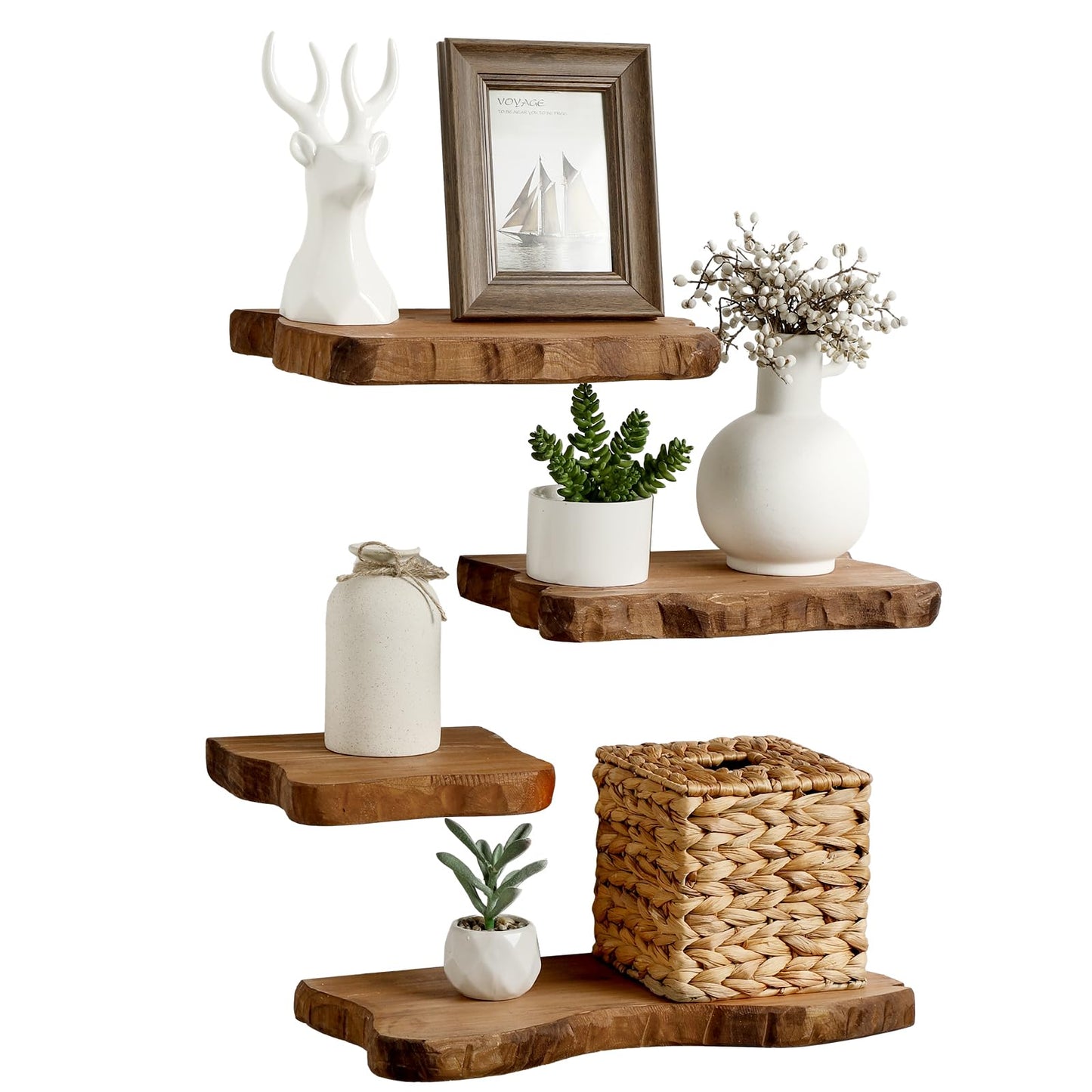 Pinkunn 4 Pcs Floating Shelves for Wall Wooden Live Edge Shelf Wall-Mounted Natural Solid Wood Bedroom Kitchen Storage Living Room Nursery Decor (15.8/11.8/7.9 Inch)