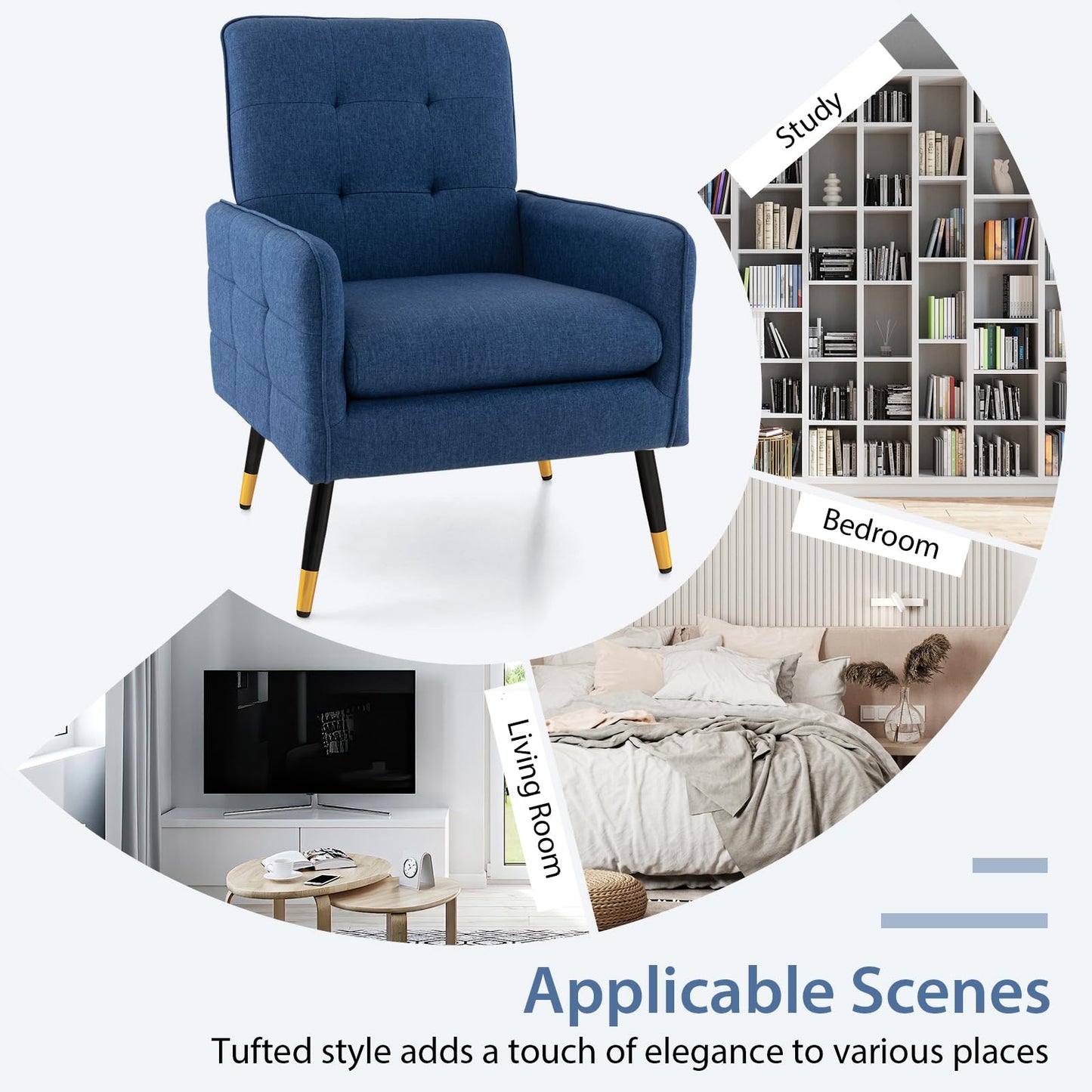 Giantex Modern Mid-Century Accent Chair - Upholstered Armchair with Tufted Back, Metal Legs, Adjustable Foot Pads, Linen Fabric Single Sofa Chair for Reading, Living Room Chair for Bedroom, Blue