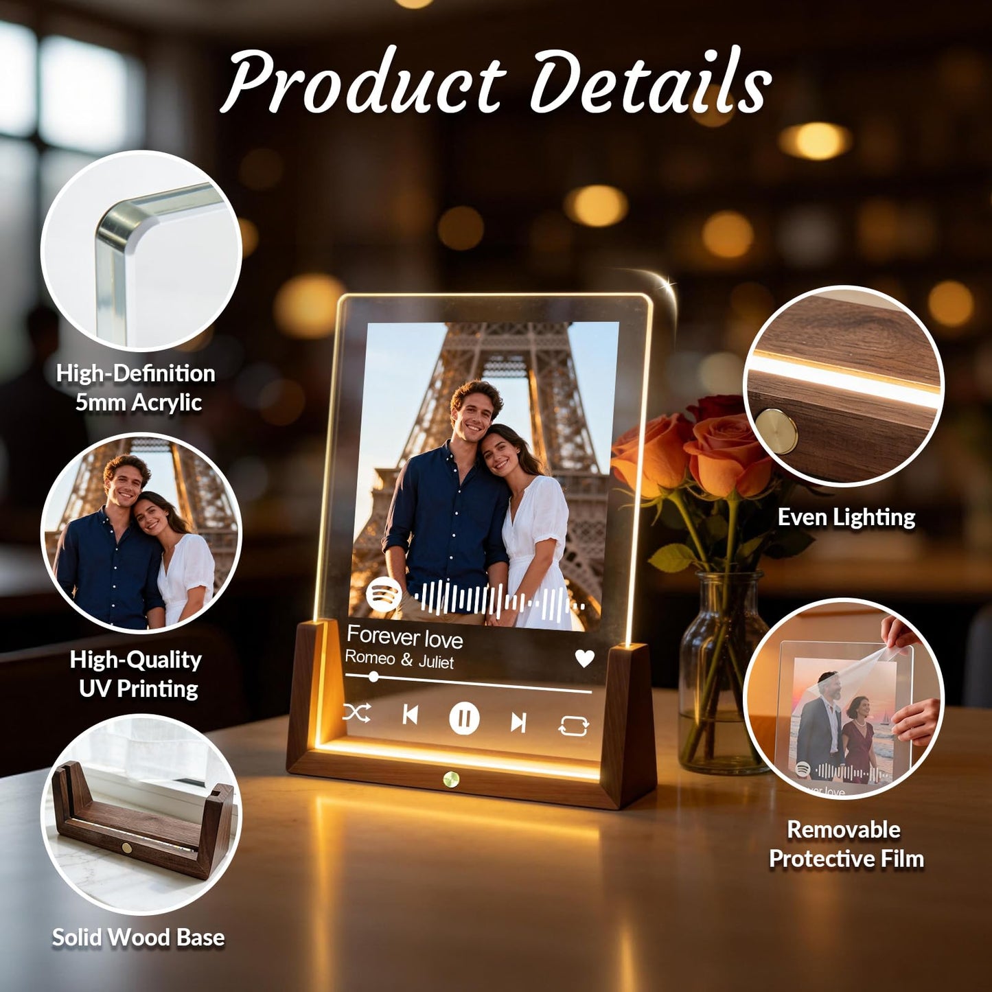 Custom Spotify Plaque, Custom Picture Frames, Light Up Picture Frame for Girlfriend Boyfriend, Acrylic Song Plaque Photo Frame, Personalized Gifts for Women Men Her Him Anniversary Valentines Birthday
