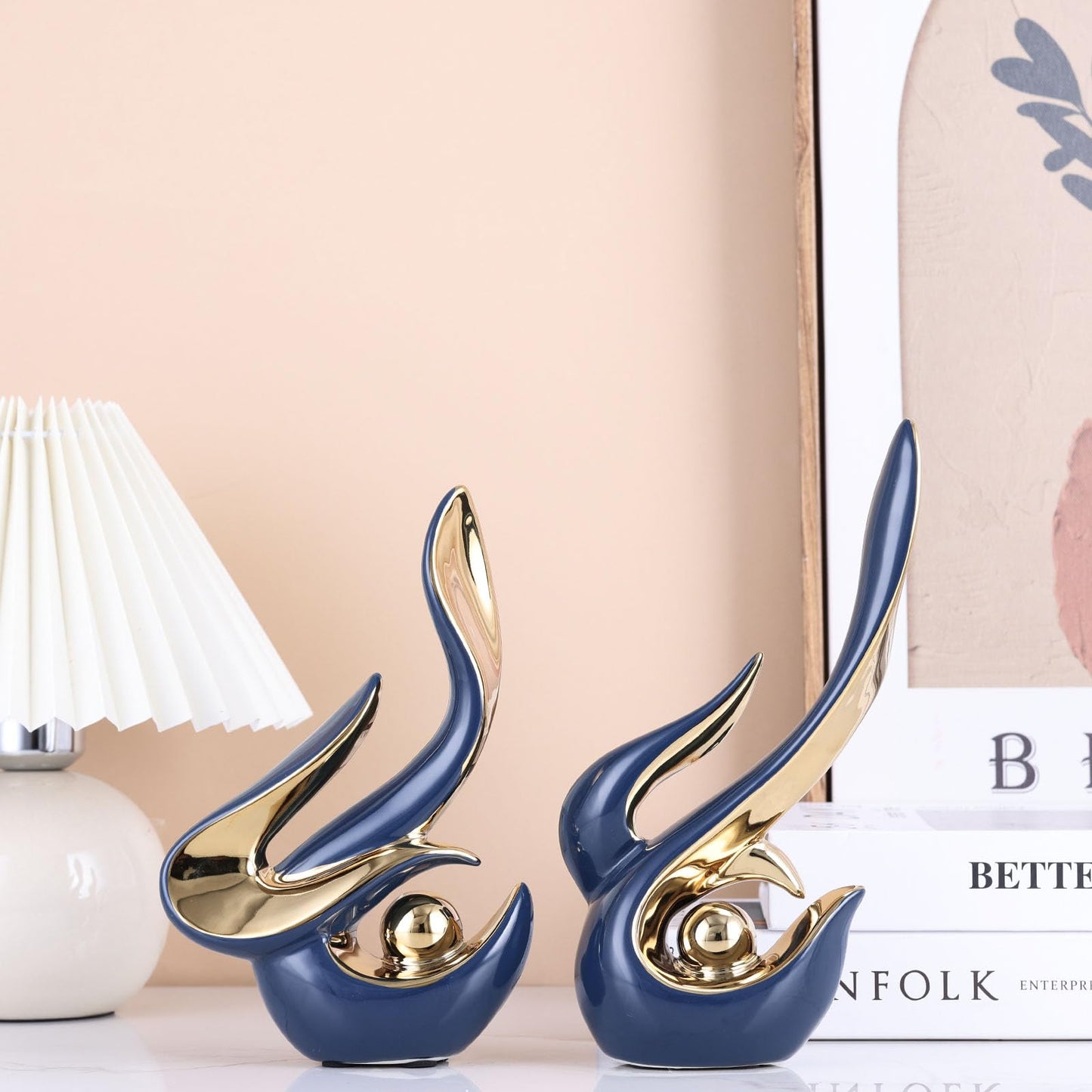 XMGZQ Mid Century Modern Abstract Art Home Decor Accent,Porcelain Statues for Living Room Coffee Table Centerpieces for Dining Room,Ceramic Sculptures and Gold Knick Knacks for TV Stand Decor (Blue)
