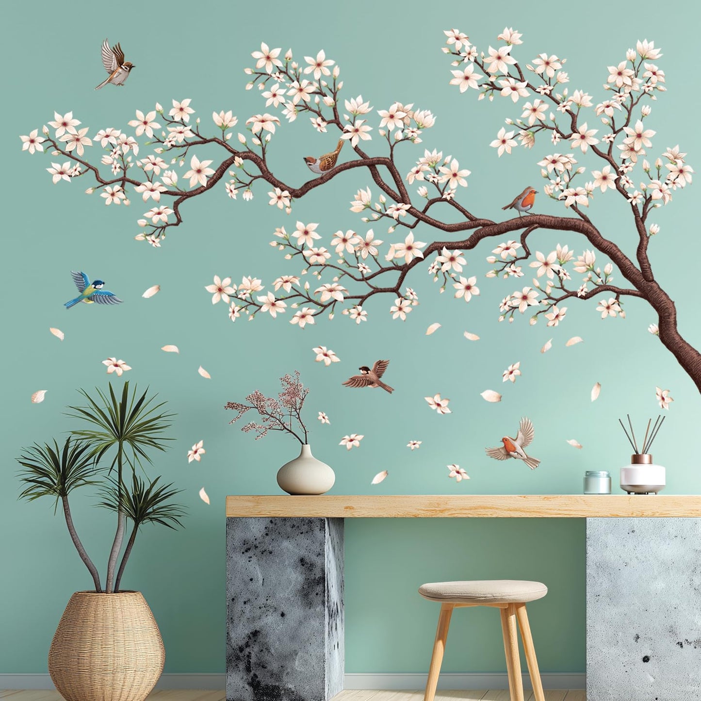 DECOWALL SG4-2317 Oriental Flower Tree Wall Stickers declas Kids Bedroom Cherry Blossom Birds Branch décor Decoration Floral Home Living Removable Nursery Mural DIY Room