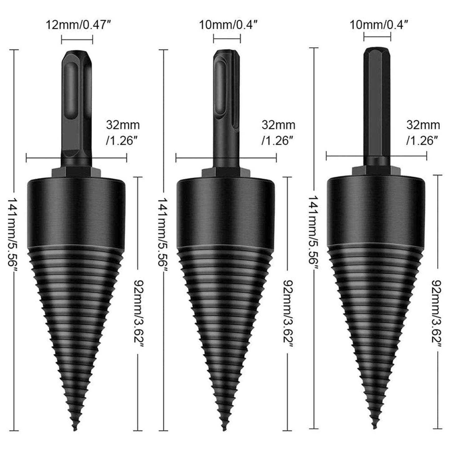 Firewood Log Splitter, Wood Log Splitter, Easy Splitter Detachable Drill Bit Heavy Duty Electric Drills Screw Cone Driver Removable (Round+Square+Hex 32mm)(Black)