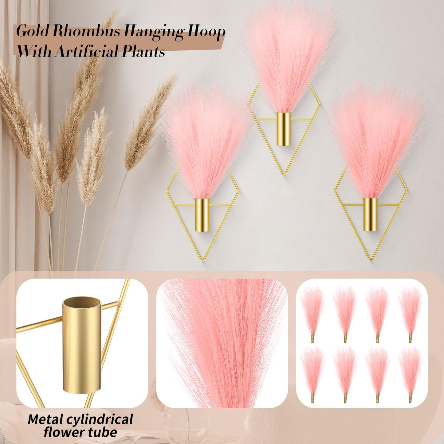 Hanaive 4 Sets Boho Gold Wall Decor Metal Wall Art Hanging Planters with Artificial Pampas Display Art Modern Home Metal Vase for Bedroom Living Room Home Office(Gold, Pink)