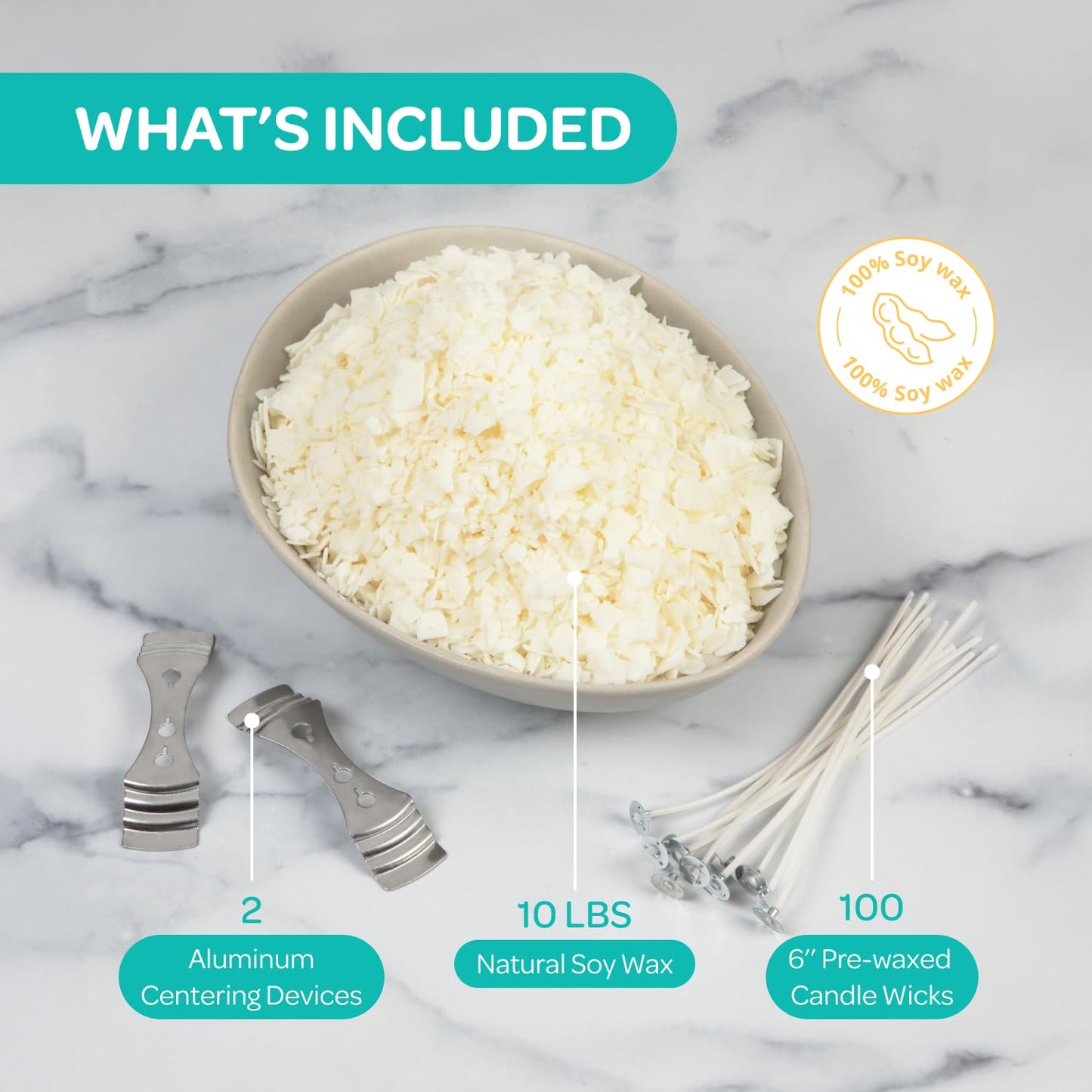 Hearts & Crafts Soy Candle Wax Kit - 10 lb Wax Flakes with 100 Cotton Wicks and 2 Wick Holders - DIY Supplies for Crafting Candles, Tarts, and Scented Creations
