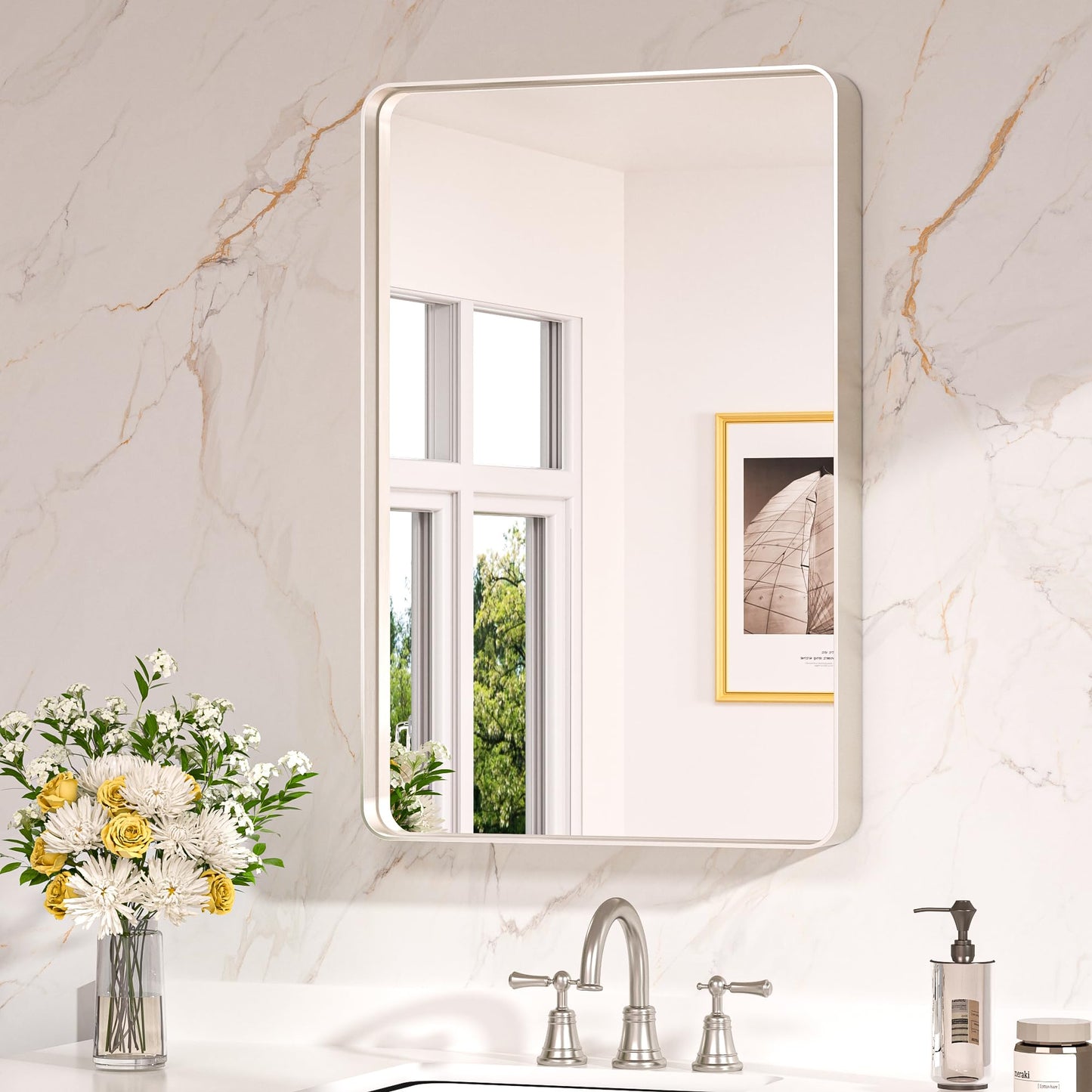Keonjinn 20 x 30 Inch Brushed Nickel Bathroom Mirrors for Over Sink, Rounded Rectangle Silver Bathroom Vanity Mirror, Farmhouse Mirror for Wall, HD Tempered Glass, Anti-Rust Aluminum Alloy Mirror