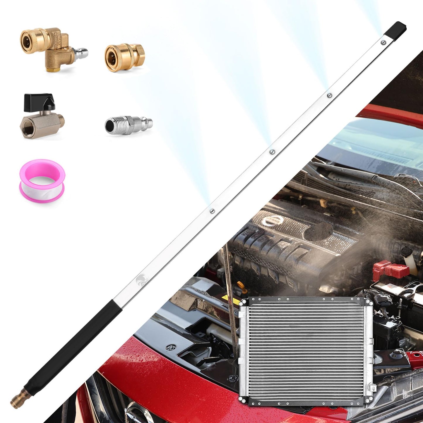 24 Inch Pressure Washer Wand for Car Radiator Cleaning Tools, Dual-Use Radiator Cleaner Wands for Pressure Washer & Pressure Air Pump Flush Car Truck Radiator Power Washer Wand with 4 Nozzle Tips