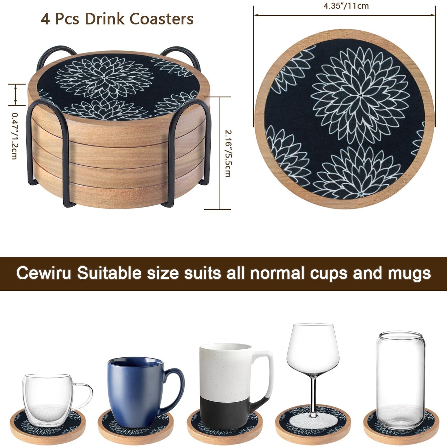Wood Coasters Set of 4 with Holder, Cewiru Cup Mat for Drinks, Absorbent Coasters with Felt Insert for Coffee Table Protection, Modern Style Home Dining Table Decor, 4.3" Black