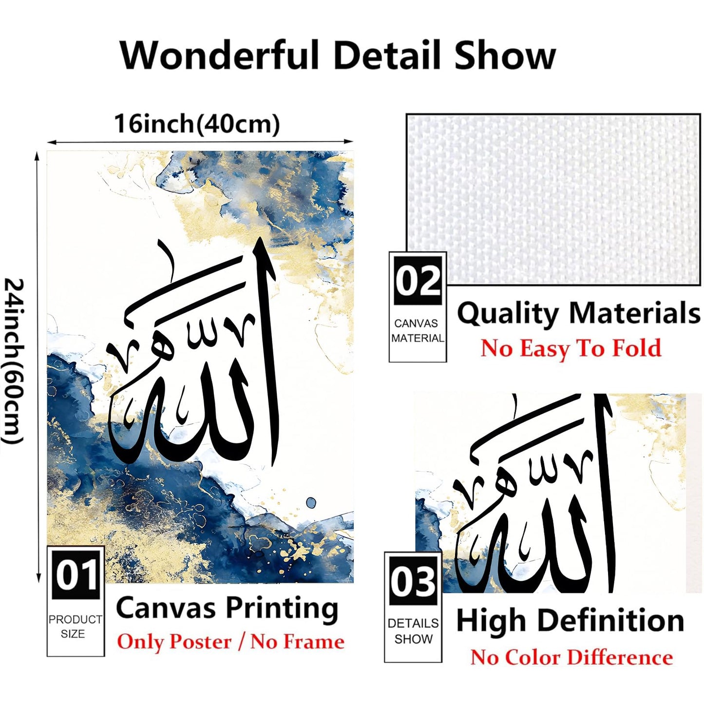 Blue Islamic Canvas Wall Art Muslim Motivational Quotes Gold Abstract Painting Modern Art Poster White Abstract 16x24inx3 No Frame