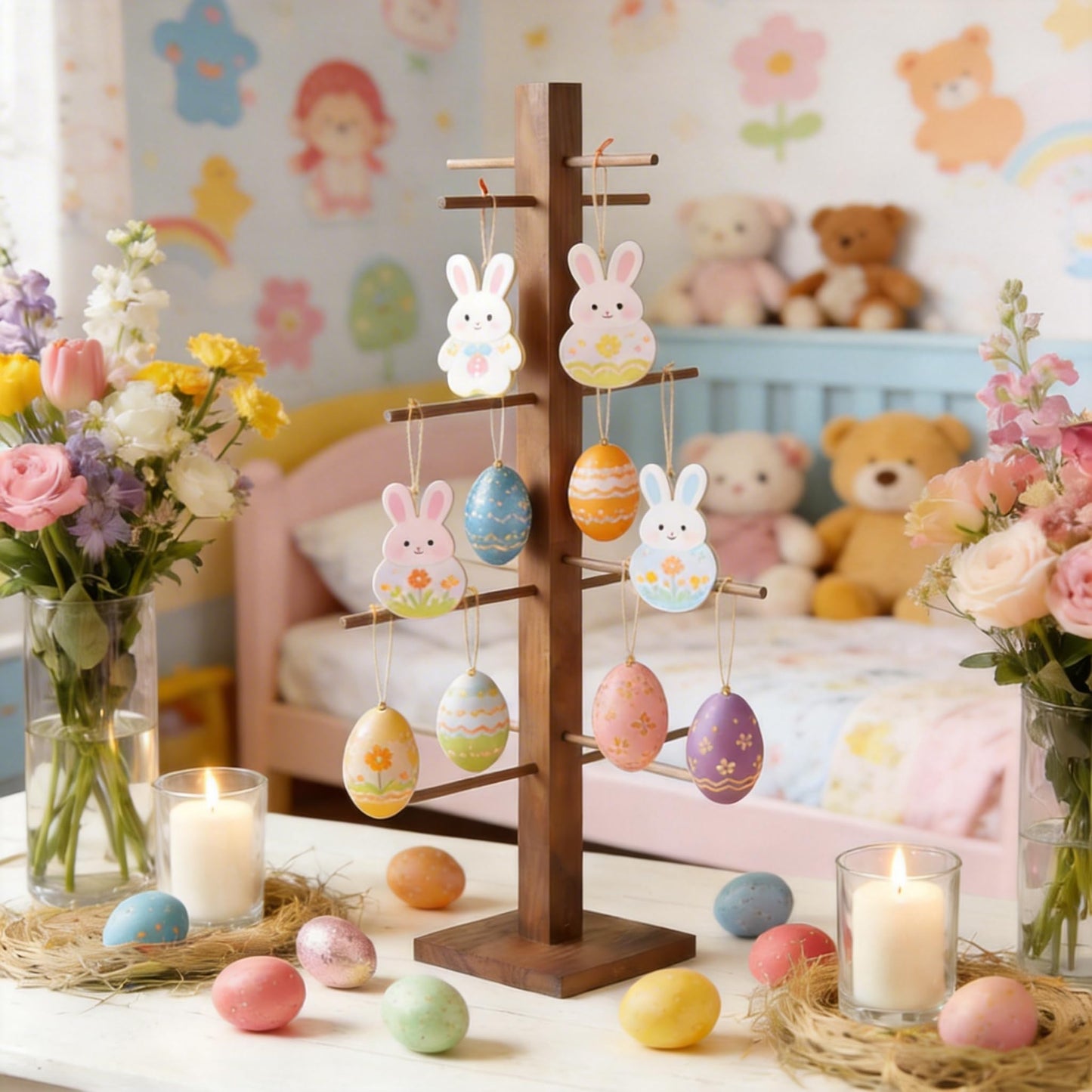 32 inch Easter Farmhouse Ornament Tree Display Stand Artificial Easter Egg Display Tree Tabletop Decor Wood Rustic Trees for Wedding Anniversary Christmas Birthday Farmhouse Party Home Decoration