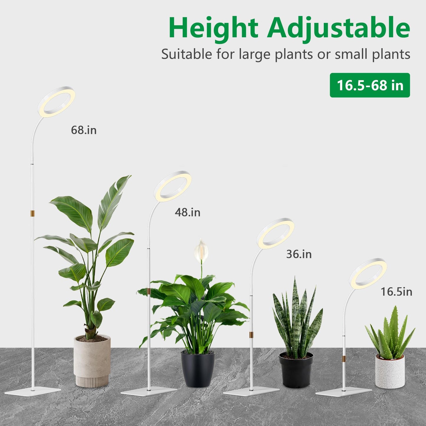 LPMZMBL One Head Grow Light for Indoor Plants Full Spectrum - Floor Standing Plant Lamp with Auto Timer 6/12/18H, 5-Level Dimmable & Adjustable Height 16.5-68in for Large Tall Plants | White