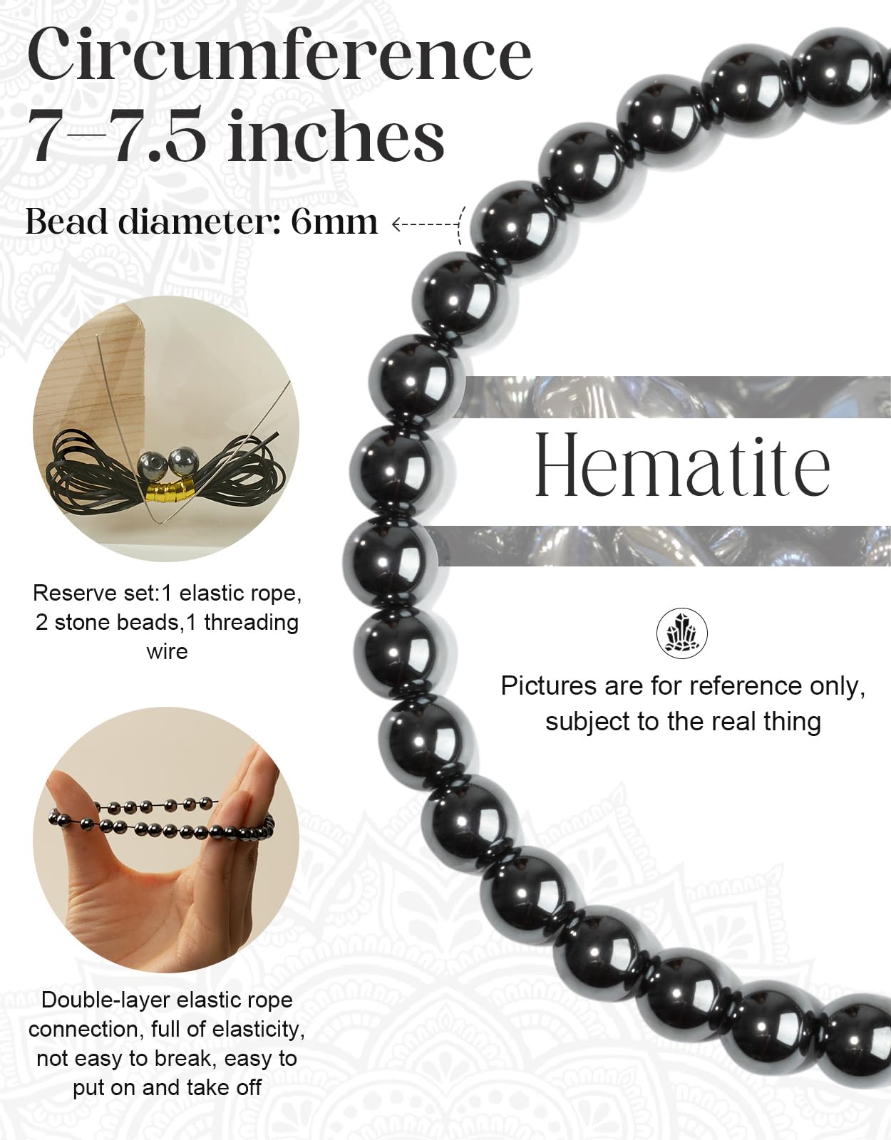 Landorilo Beaded Bracelet for Men Women, 6mm Natural Stone Hematite Healing Crystal Stretch Bracelets, Ideal Christmas Birthday Jewelry Gifts with Energy Card，Replacement Beads Included