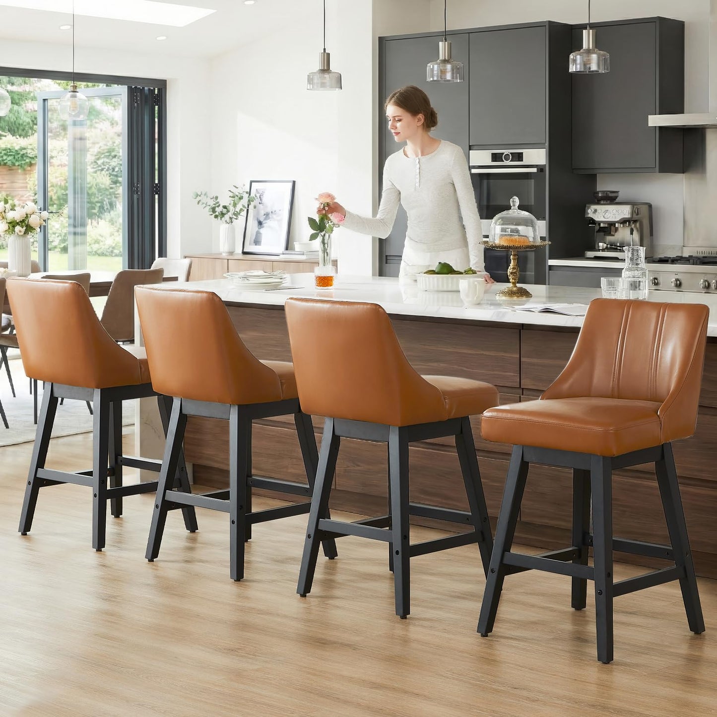 kinmars 27'' Counter Height Bar Stools Set of 4, Swivel Bar Stools with Backs, Modern Faux Leather Bar Stools for Kitchen Island, Solid Wood Legs, Adjustable Feet (PU - Brown, Set of 4-27" H)