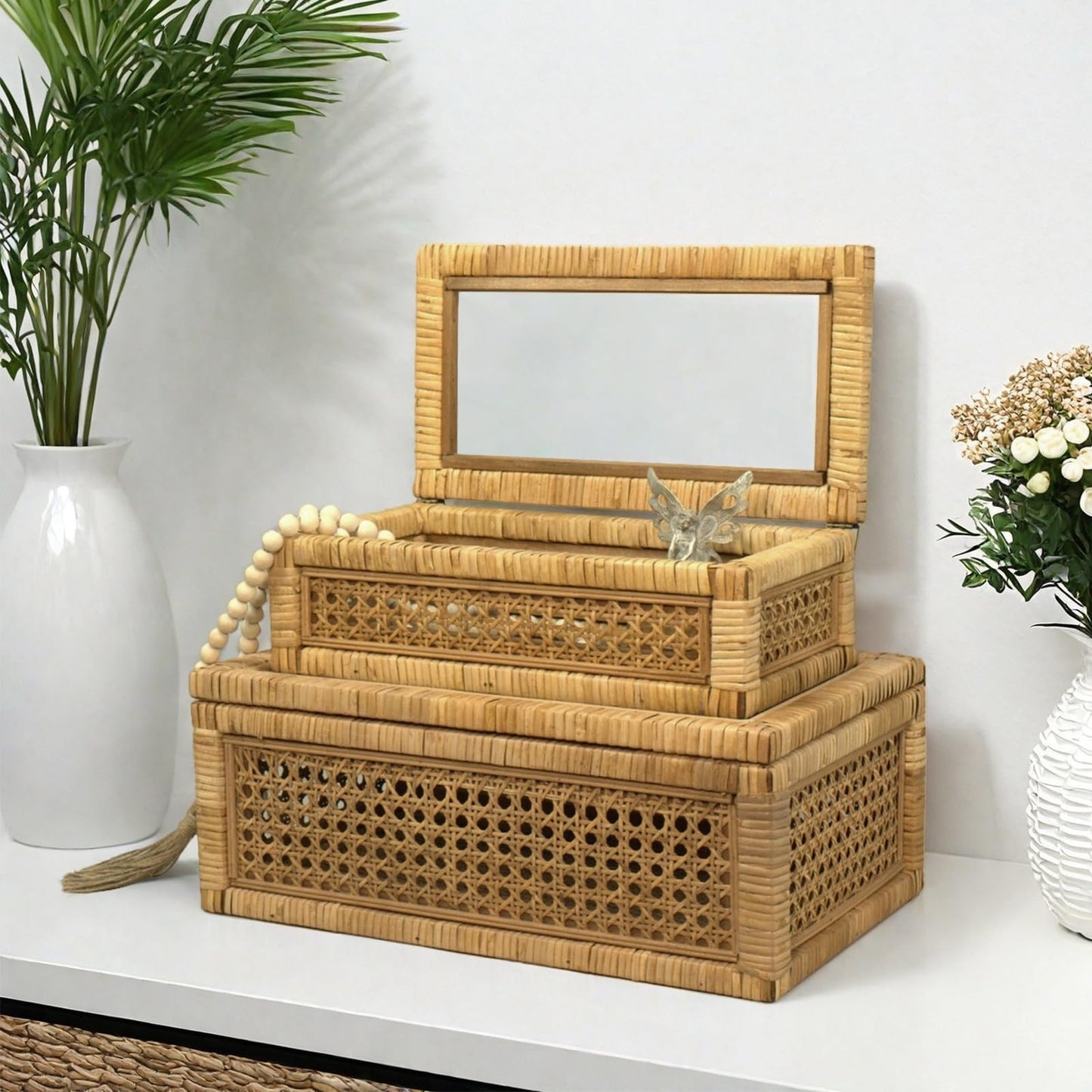 BOMINGHOME Rattan Display Box for Home Decor with Lid - Rectangular Coastal Bohemian Style Stackable Decorative Storage Box Set - Handmade from Natural Rattan, Cedar & Real Glass