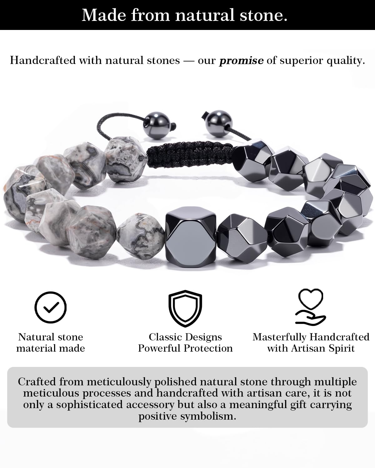Beaded Bracelet for Men, 10mm Natural Stones Bracelet for Men's Gift, Adjustable Precision-Cut Gemstone Crystal Healing Bracelet, Protection Jewelry Gift with Hematite, Tiger Eye (Map Stone & Hematite)