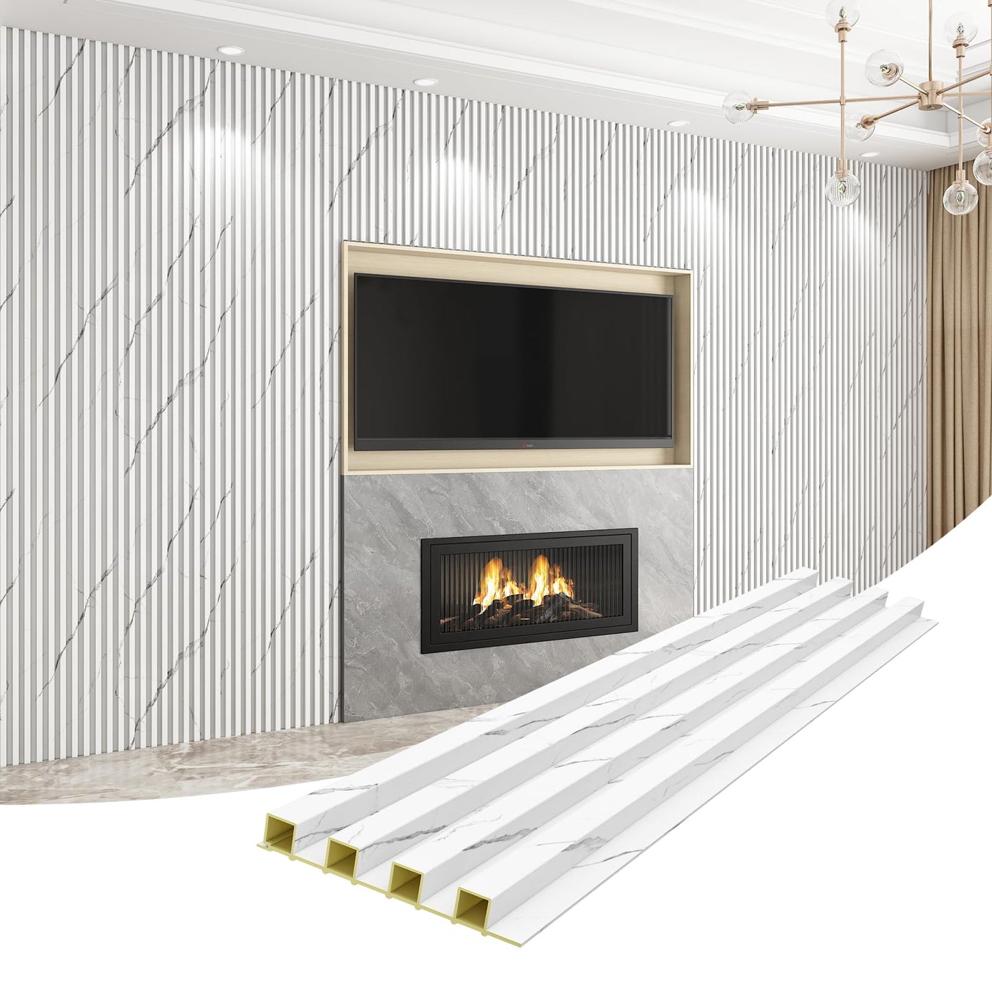 VESLARA 8-Pack WPC Wall Panels 108’’ x 6.1’’ 3D Slat Wall Panel Acoustic Wall Paneling for Interior Wall Decor TV Background Kitchen Bedroom Marble White