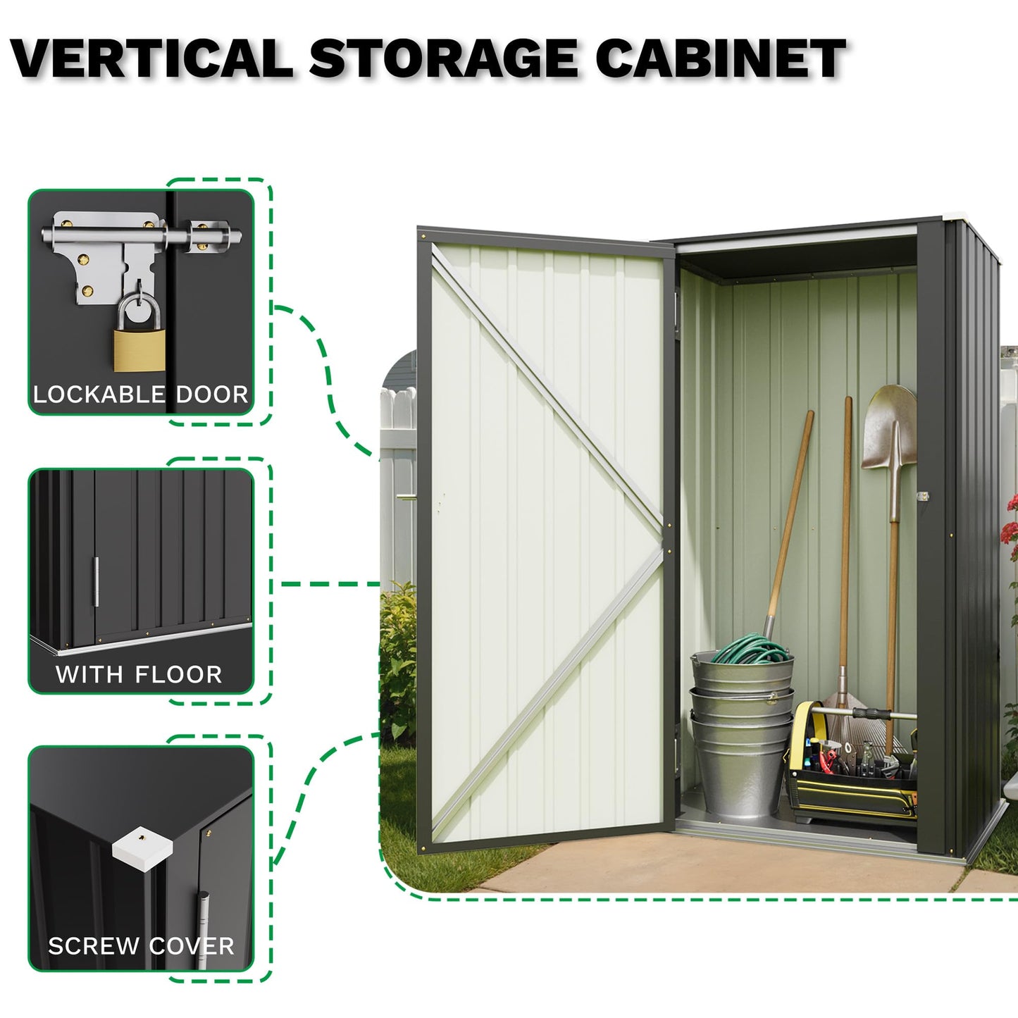 Patiowell 22 Cuft Outdoor Storage Cabinet, Metal Storage Shed with Lockable Door, Indoor Outdoor Vertical Waterproof Tool Shed Without Adjustable Shelves for Patio Garden Backyard, Black