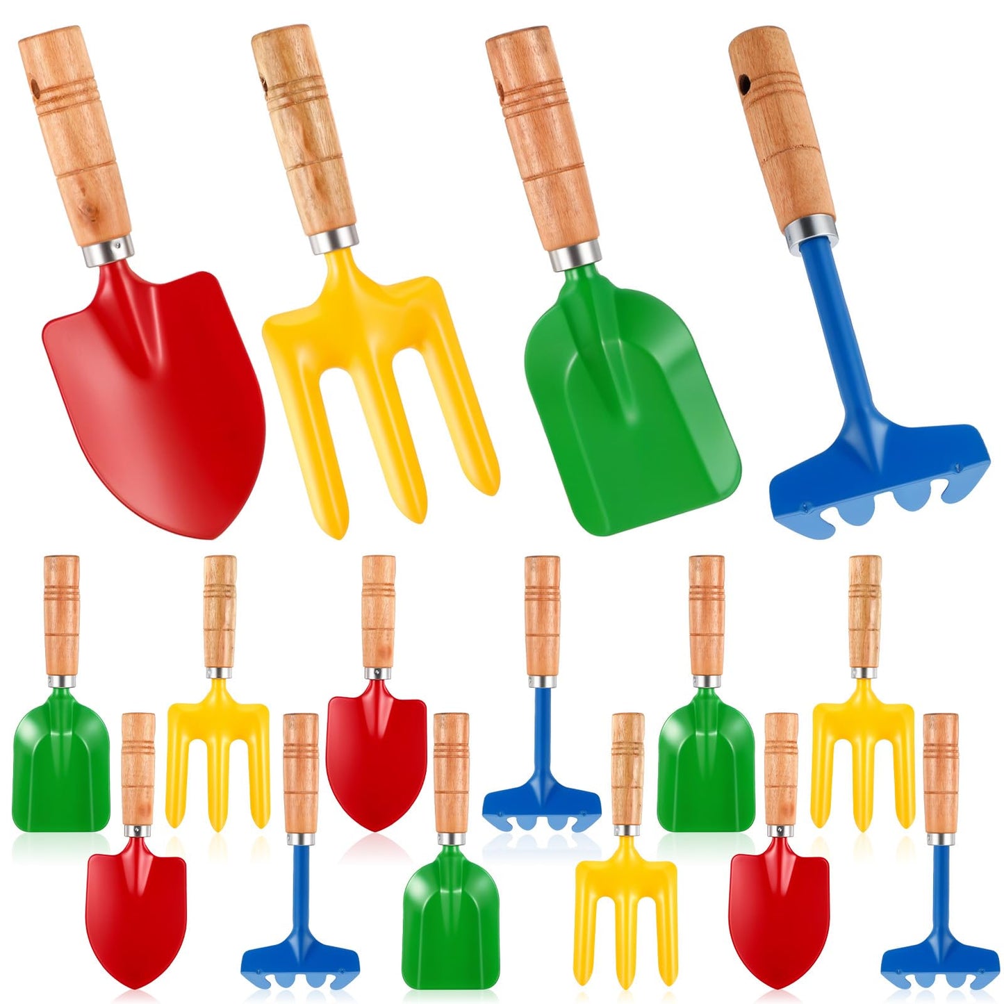 16 Pcs Gardening Tools Metal Garden Beach Sandbox Digging Including Shovel, Rake, Fork and Trowel, Garden Beach Sand Tools with Wooden Handle Hoe for Gift Outdoor Gardening
