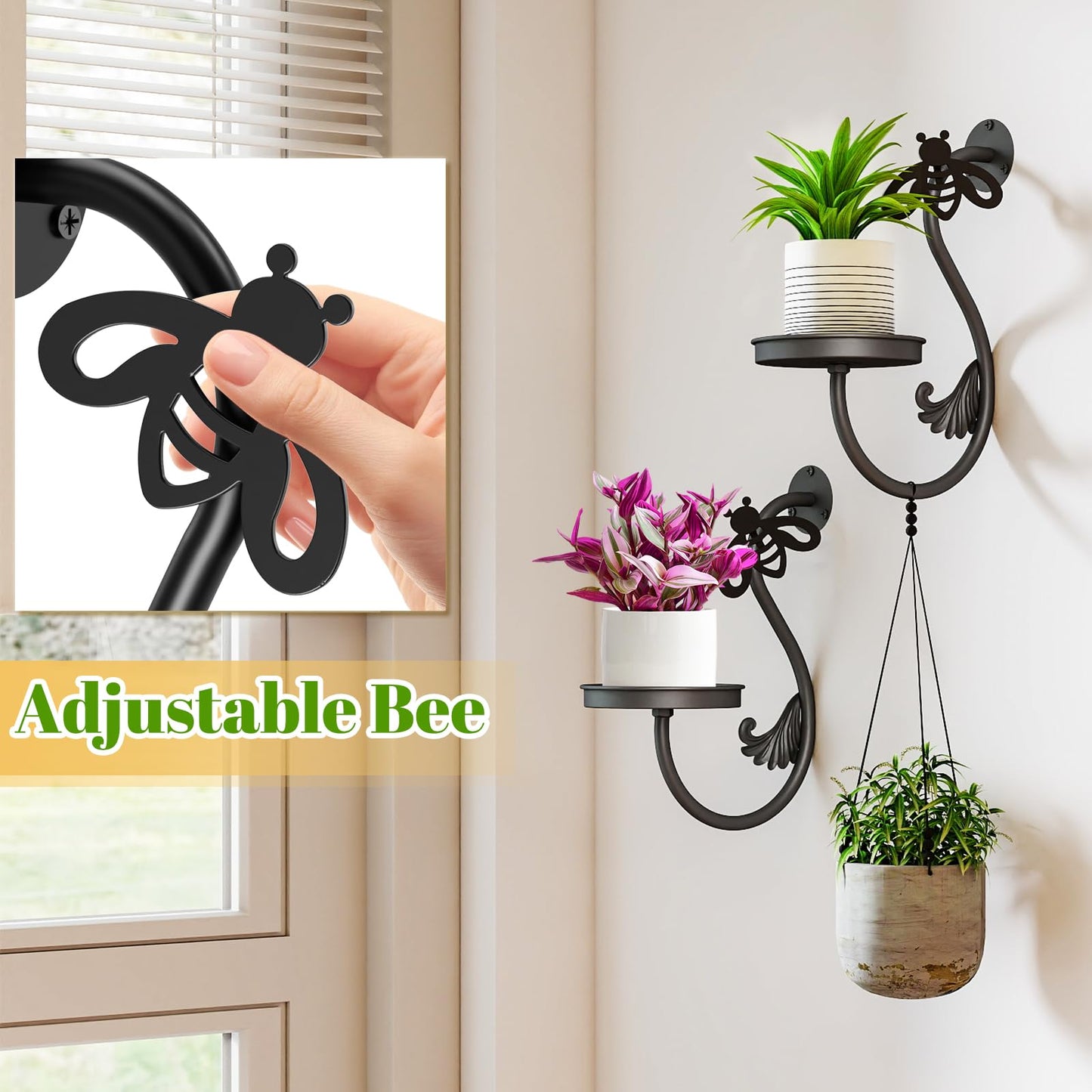 KHayRovies Wall Plant Holder Indoor, Metal Hanging Planters Hanger Floating Flower Display Stand for Window, Plant Shelves Hanging Plant Holder Window Plant Hanger Plant Decor Black (Bees-2pc)