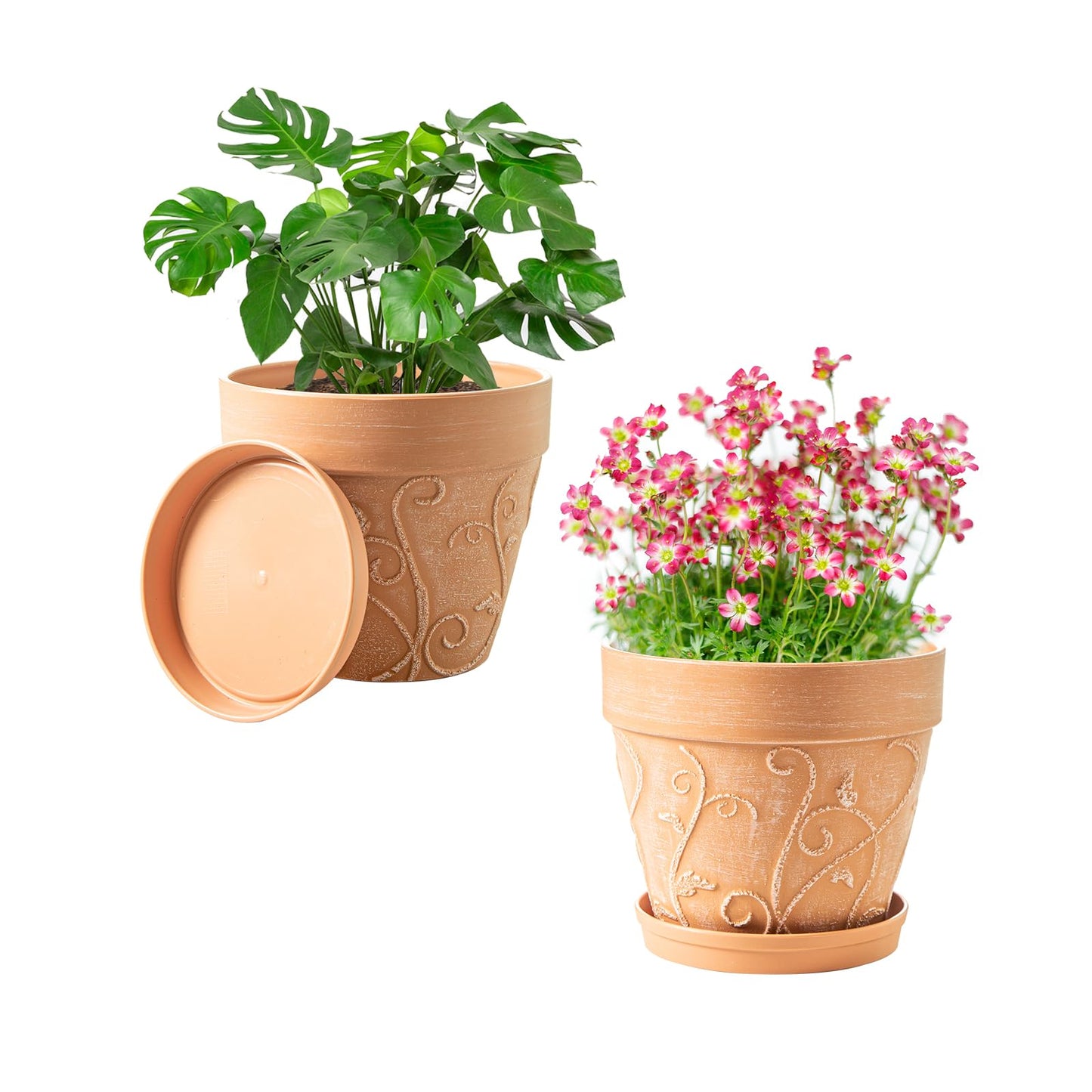 Melphoe Plant Pots Indoor with Drainage & Saucer, 2Pack 7 inch Flower Pots Outdoor Planters for Indoor Plants Garden Home Decor Cactus Succulent, Rigid Plastic (Imitation-Terracotta) Vine-Embossed